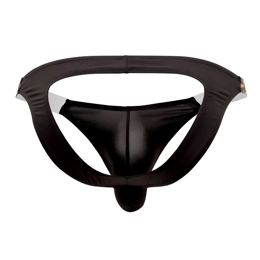 Black shiny satin thong with white inner lining and central seam candyMan 99536X bikini jockstrap front view