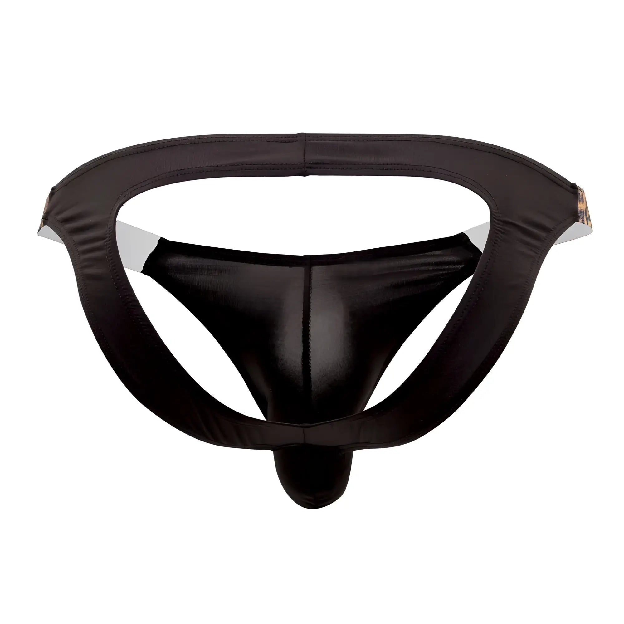 Black shiny satin thong with white inner lining and central seam candyMan 99536X bikini jockstrap front view