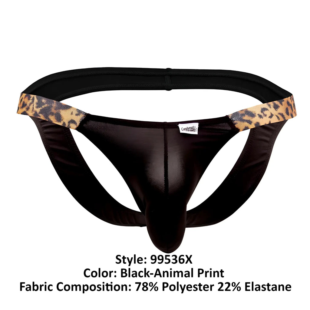 Black CandyMan 99536X bikini jockstrap with glossy finish and leopard print trim made of polyester and elastane