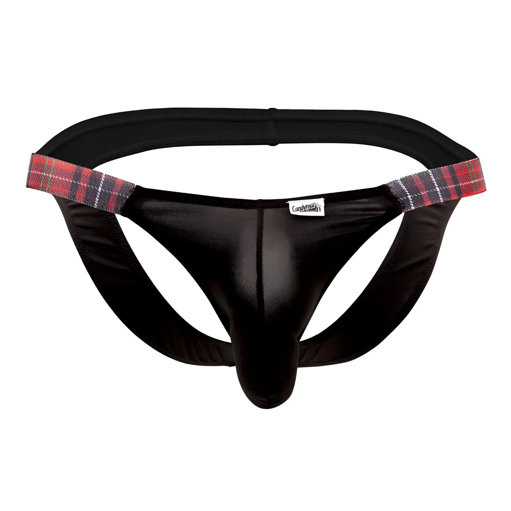 Black satin-like thong with red black and white plaid trim on waistband candyMan 99536X bikini jockstrap