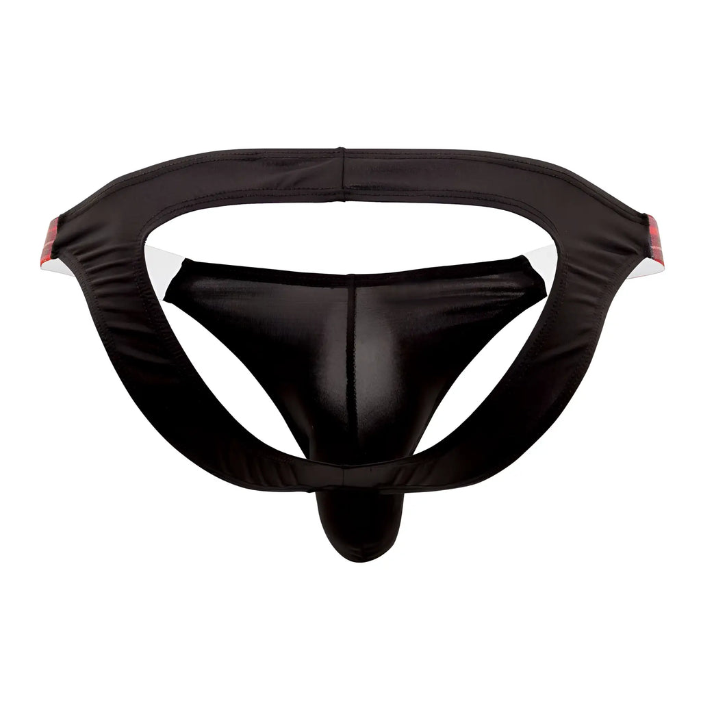 Black shiny satin CandyMan 99536X bikini jockstrap briefs with supportive waistband and red side trim