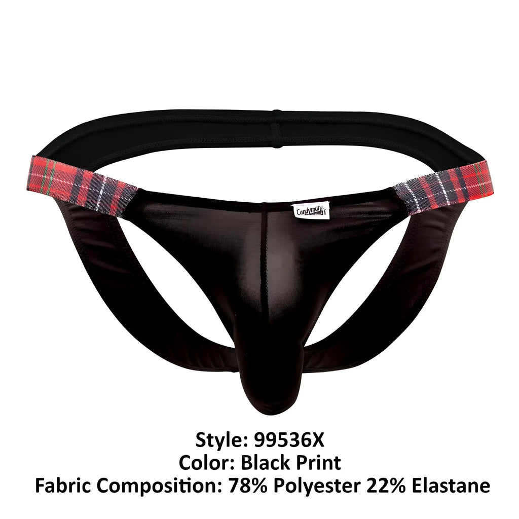 Black thong bikini jockstrap with red black and gray plaid trim on waistband candyMan 99536X