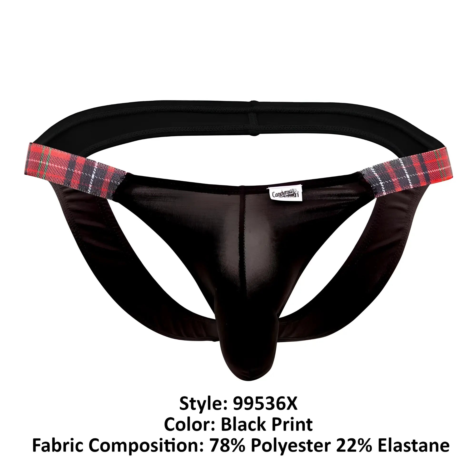 Black thong bikini jockstrap with red black and gray plaid trim on waistband candyMan 99536X