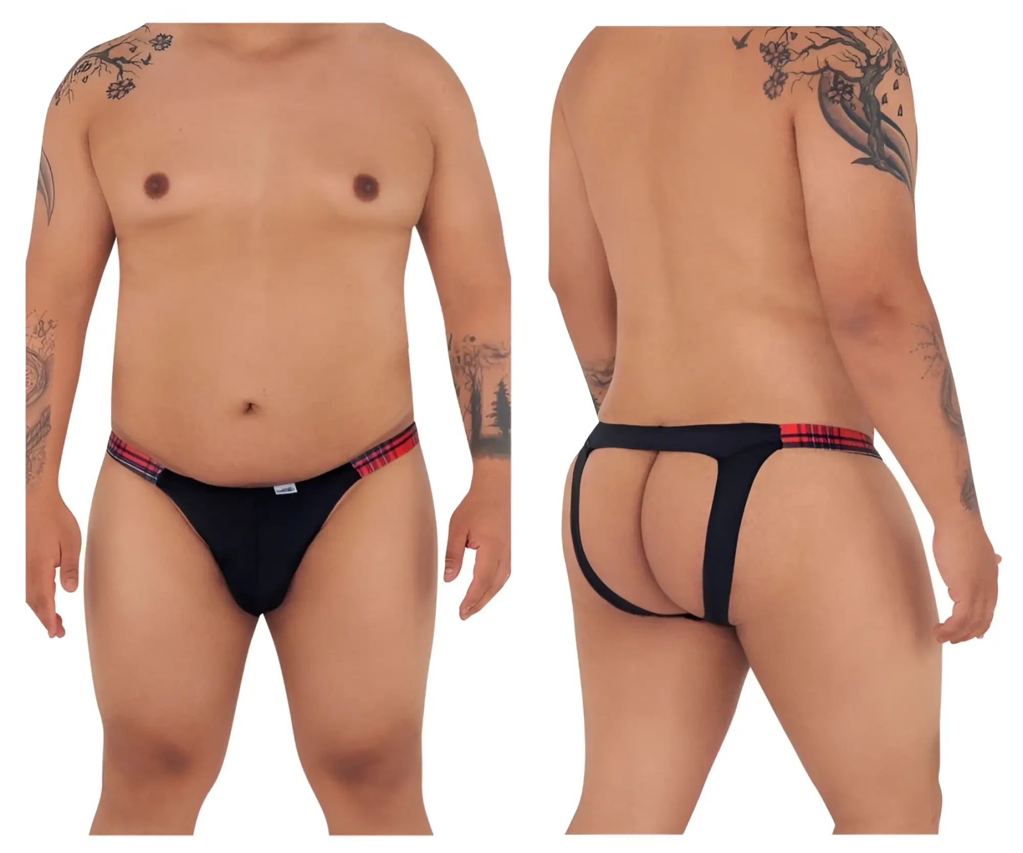 Black thong bikini jockstrap with red and black plaid trim at waistband by candyman model 99536x