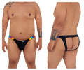 Black candyMan 99536X bikini jockstrap briefs with rainbow elastic waistband and black stripes front view