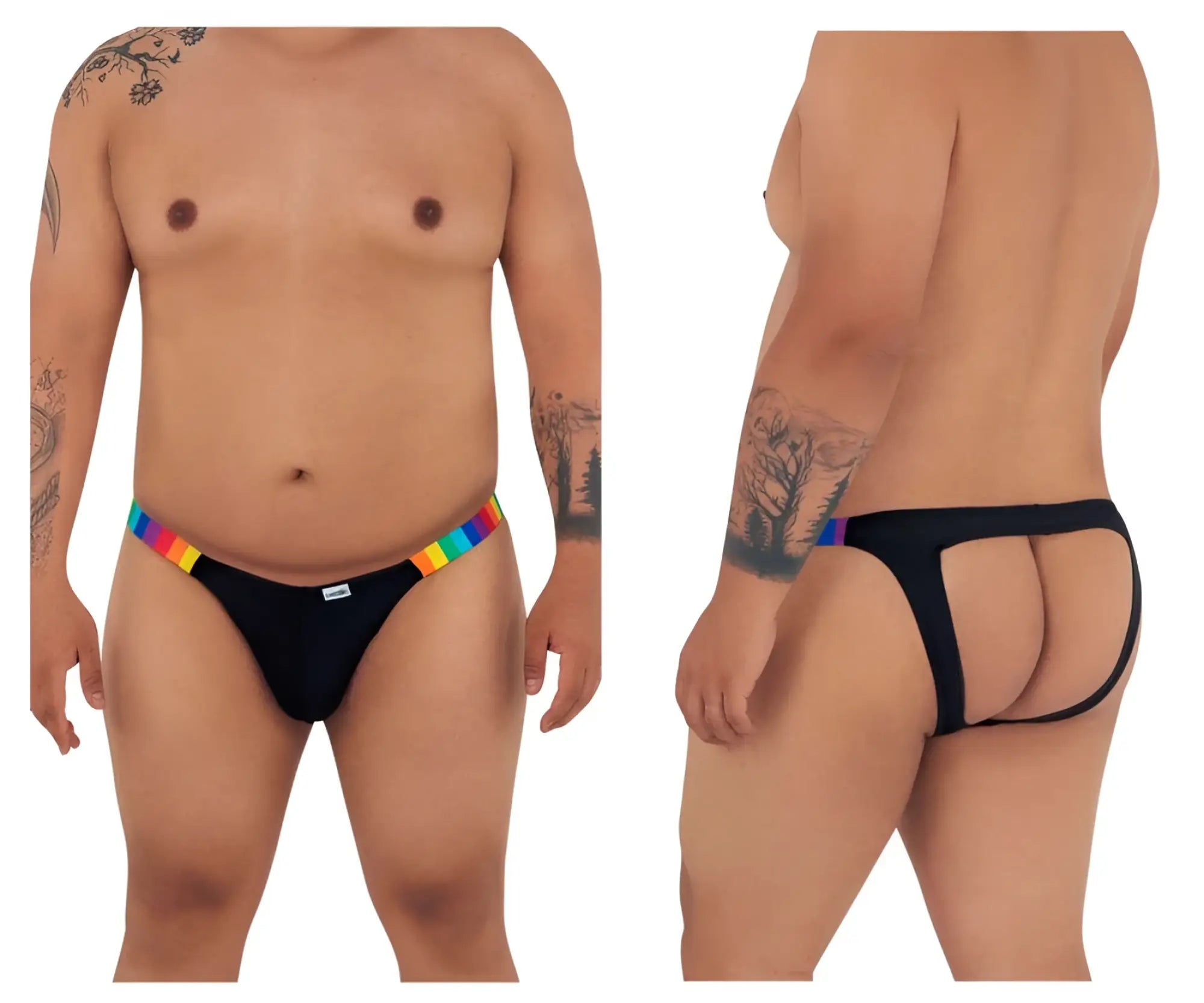 Black candyMan 99536X bikini jockstrap briefs with rainbow elastic waistband and black stripes front view