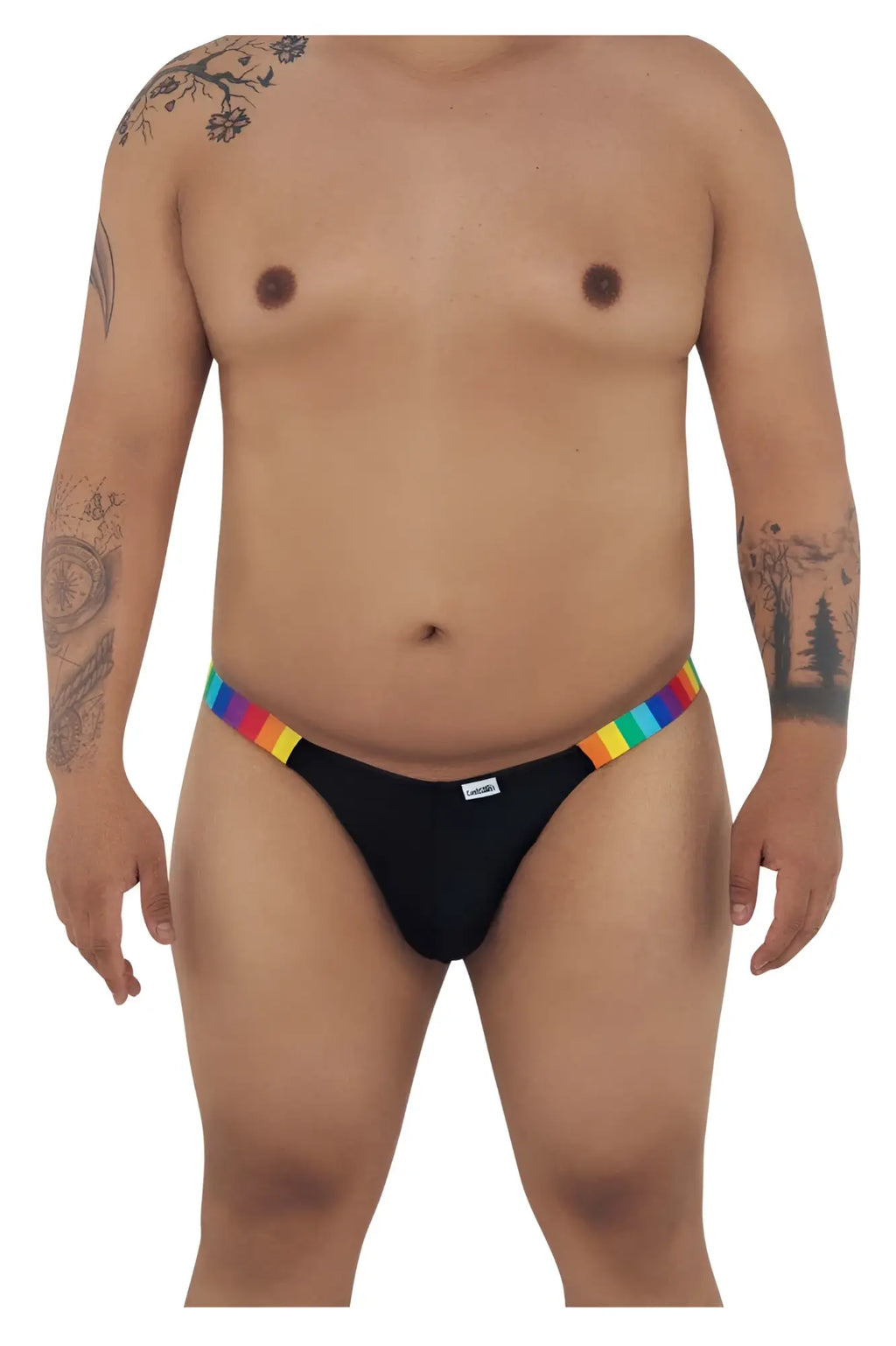 Black CandyMan 99536X bikini jockstrap briefs with rainbow-striped waistband and comfortable fit