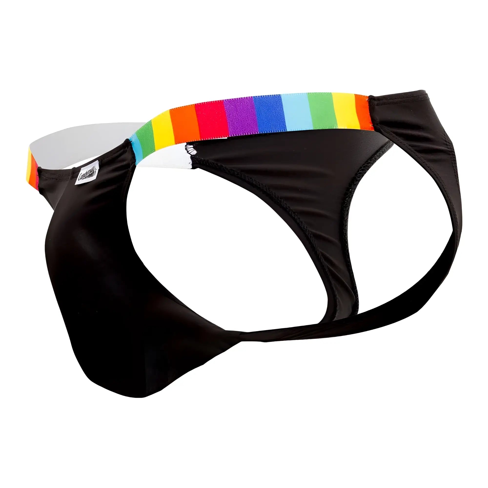 Black CandyMan 99536X bikini jockstrap briefs with rainbow-striped elastic waistband, front view