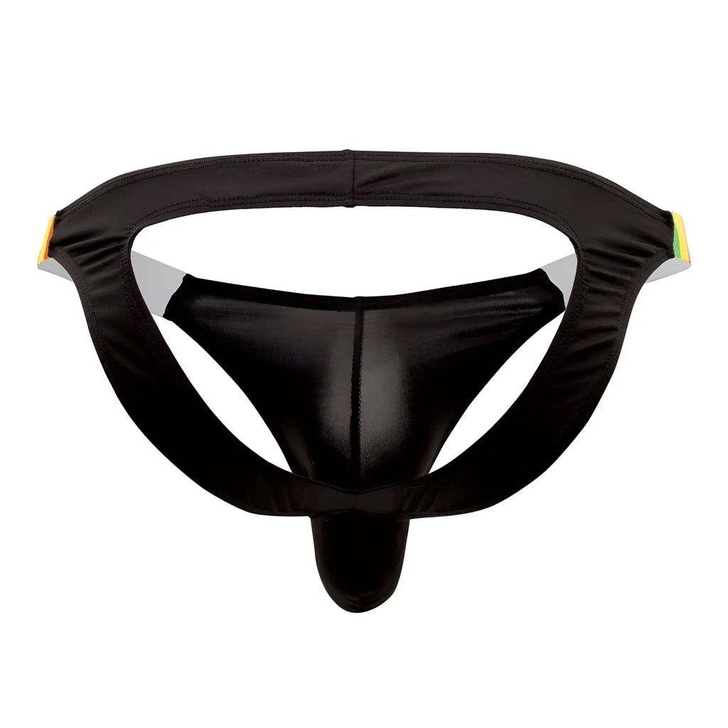 Black satin-like thong with supportive contoured design and yellow-green accents candyMan 99536X bikini jockstrap