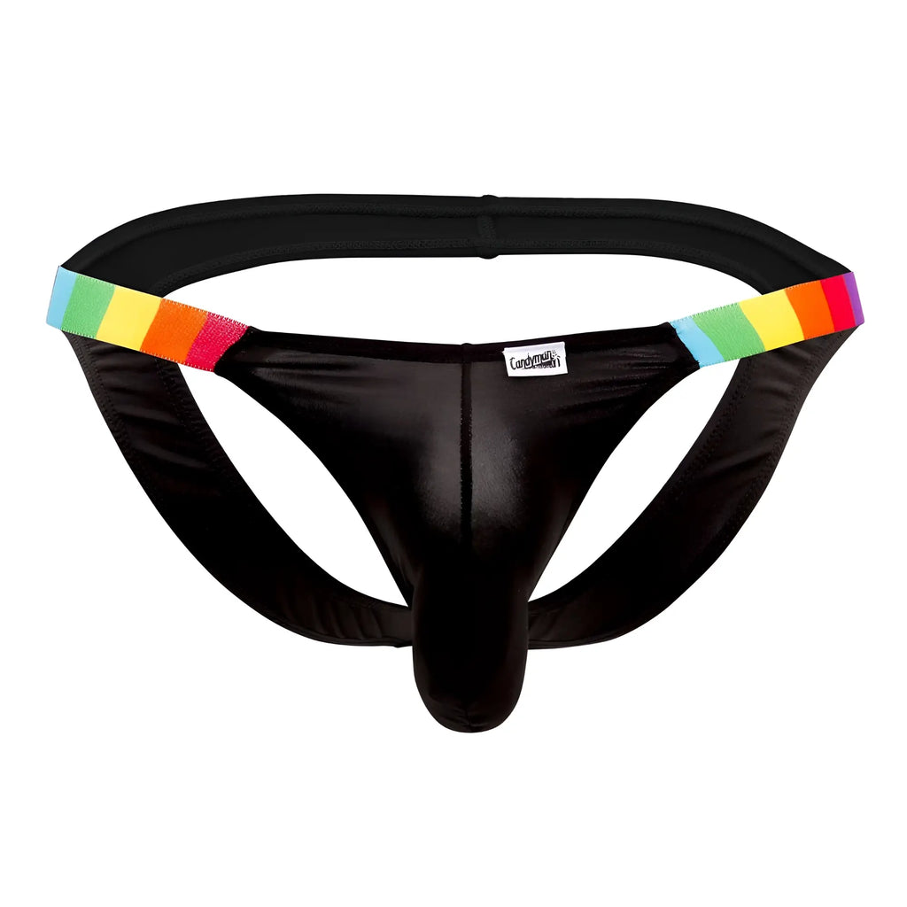 Black shiny fabric thong with rainbow elastic trim on waistband from candyman 99536x bikini jockstrap collection