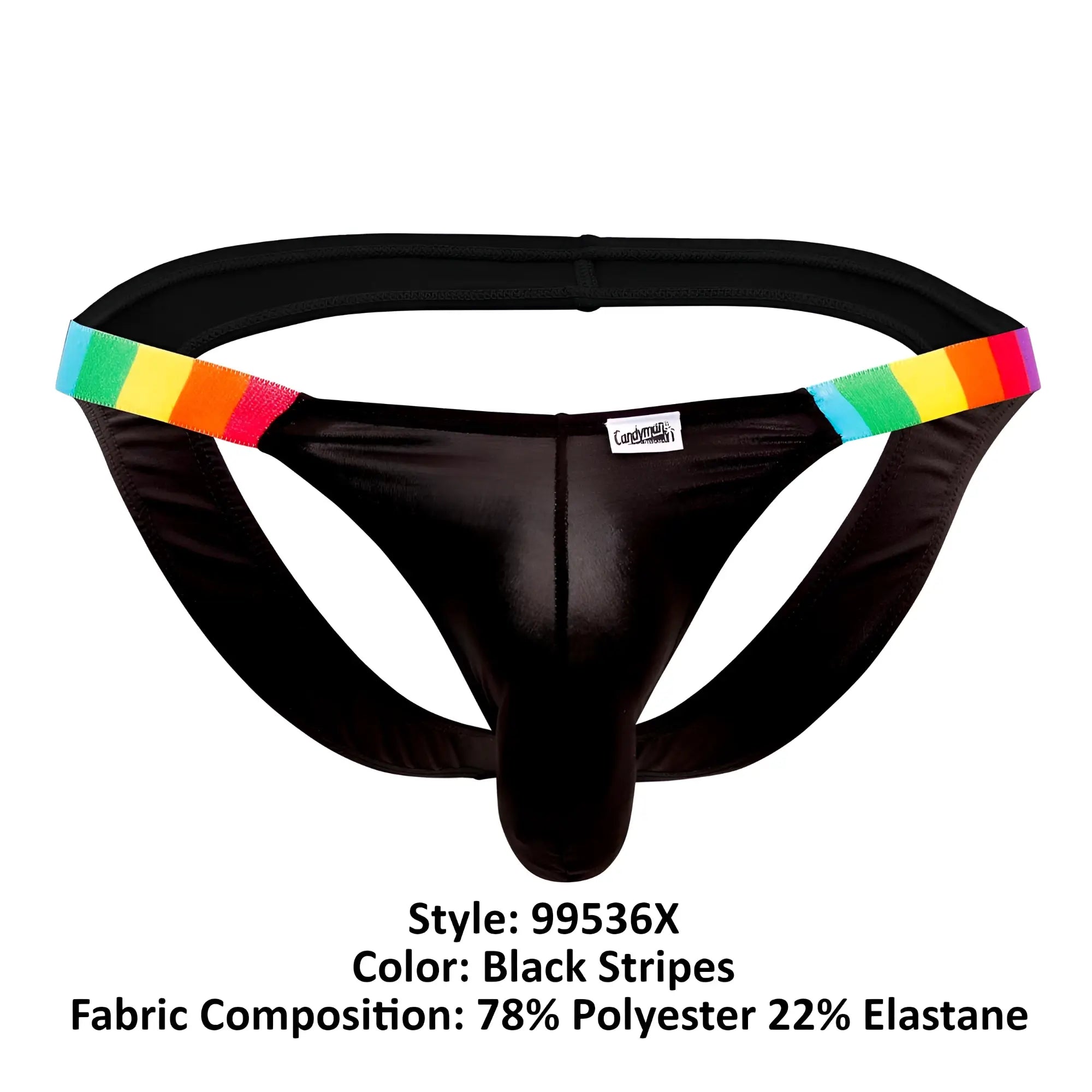 Black thong bikini jockstrap with rainbow-striped elastic bands on the sides by candyman 99536x