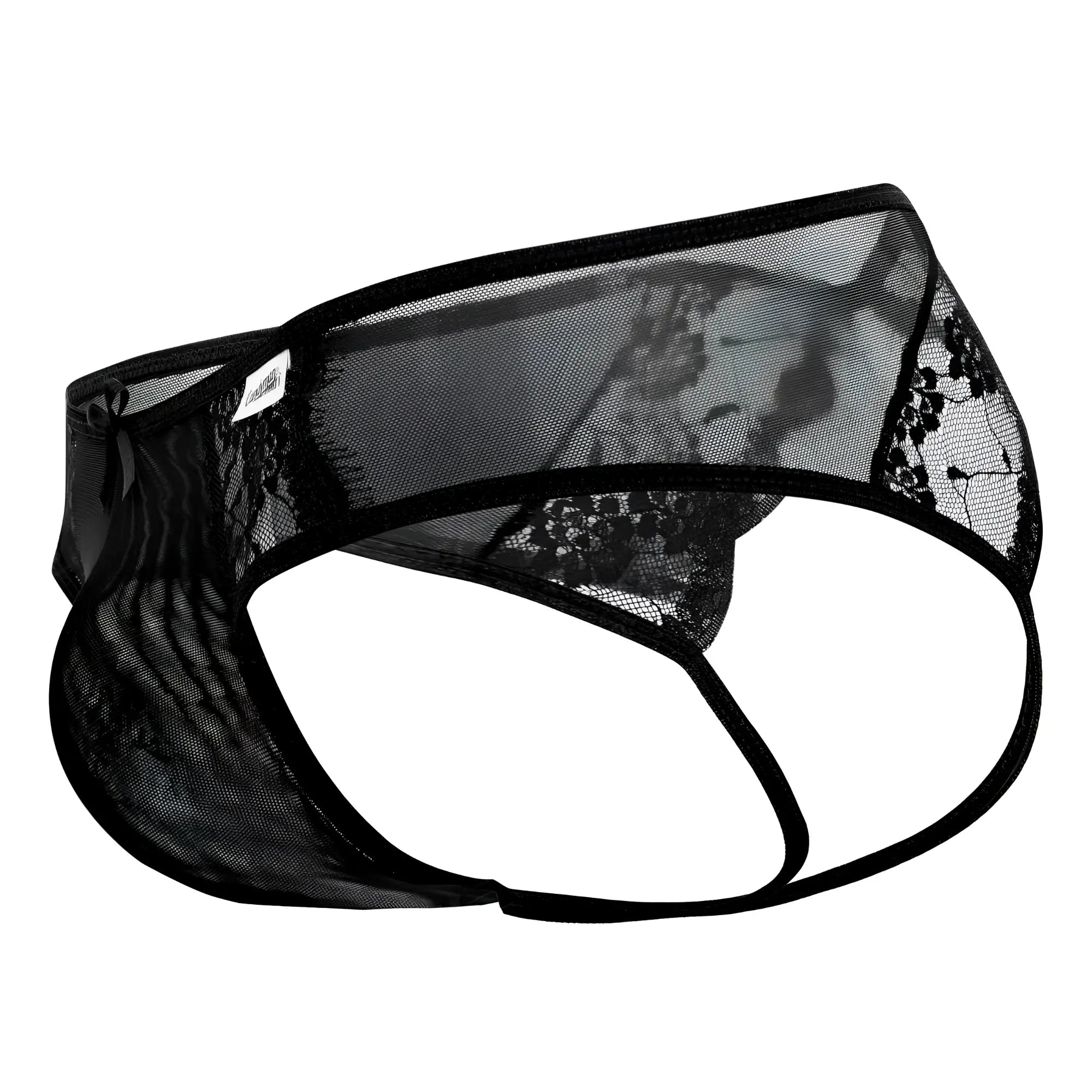 Black candyMan 99538 lace jockstrap thong with sheer patterned mesh and reinforced elastic waistband visible from back