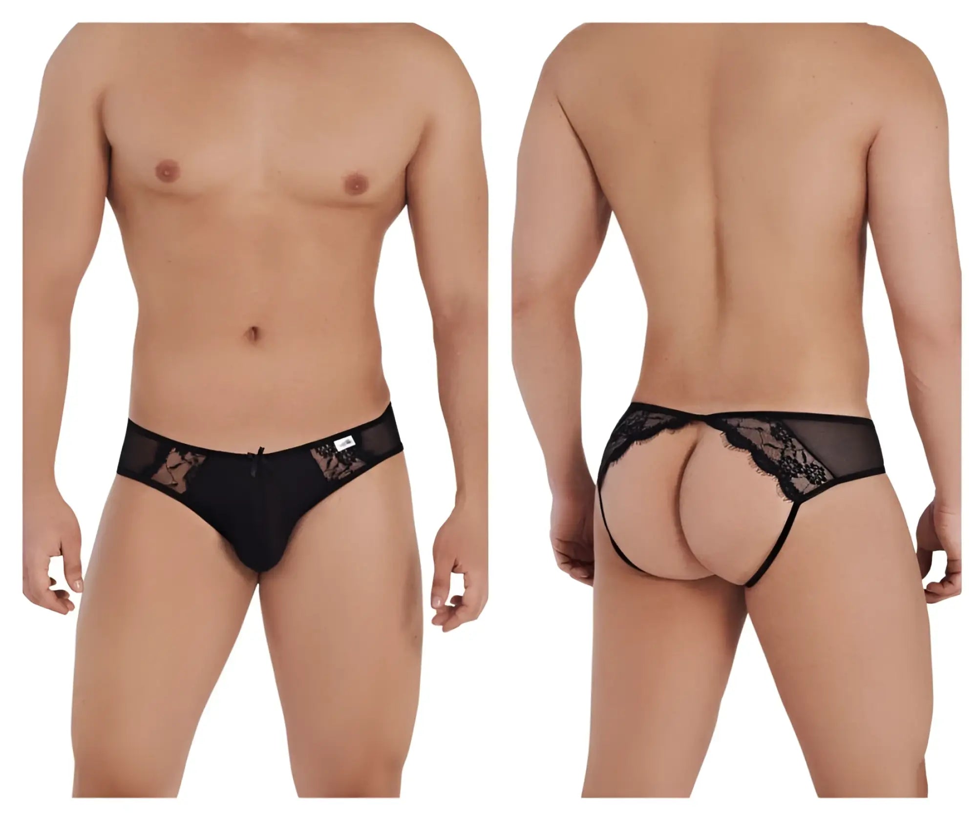 Black lace thong jockstrap with sheer mesh and intricate floral detailing by CandyMan in black color