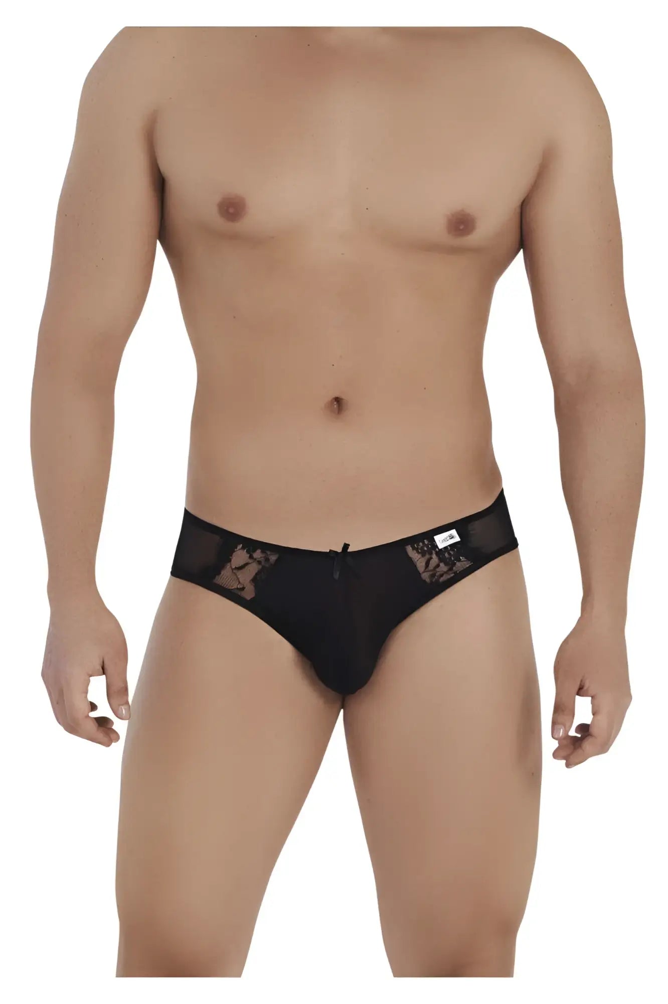 Black CandyMan 99538 lace jockstrap with zipper and sheer mesh panels in lace-trimmed men’s briefs style
