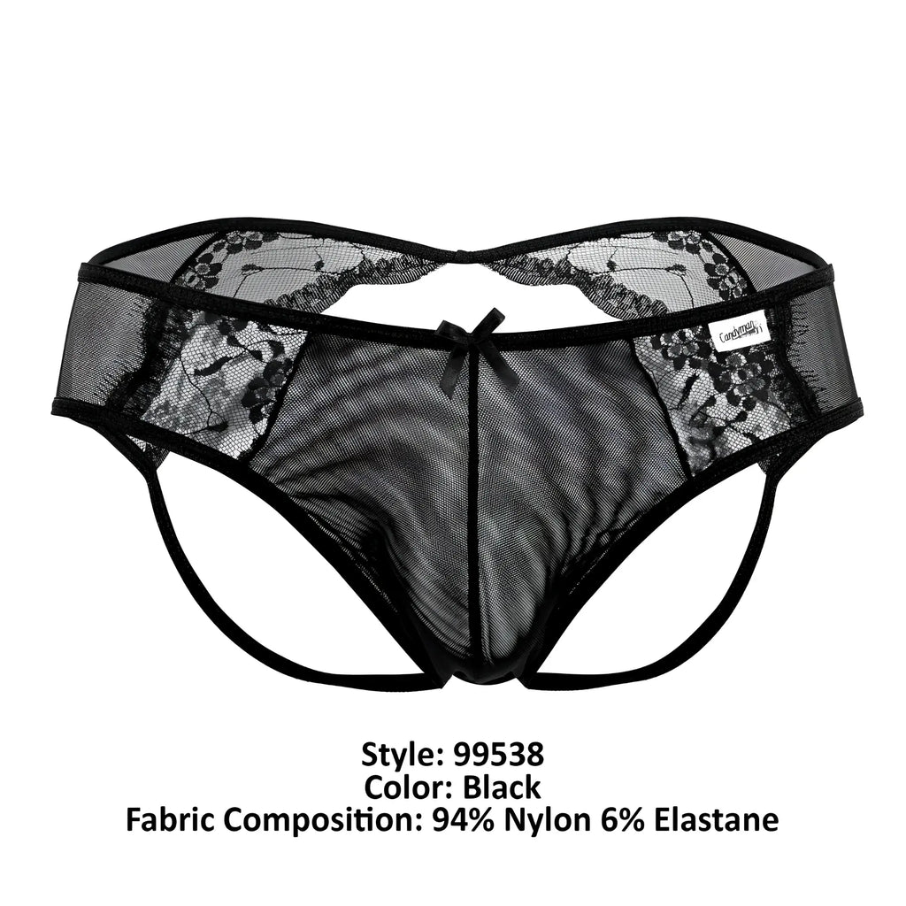 Black lace trimmed mesh thong with central bow detail from candyman 99538 lace jockstrap in black