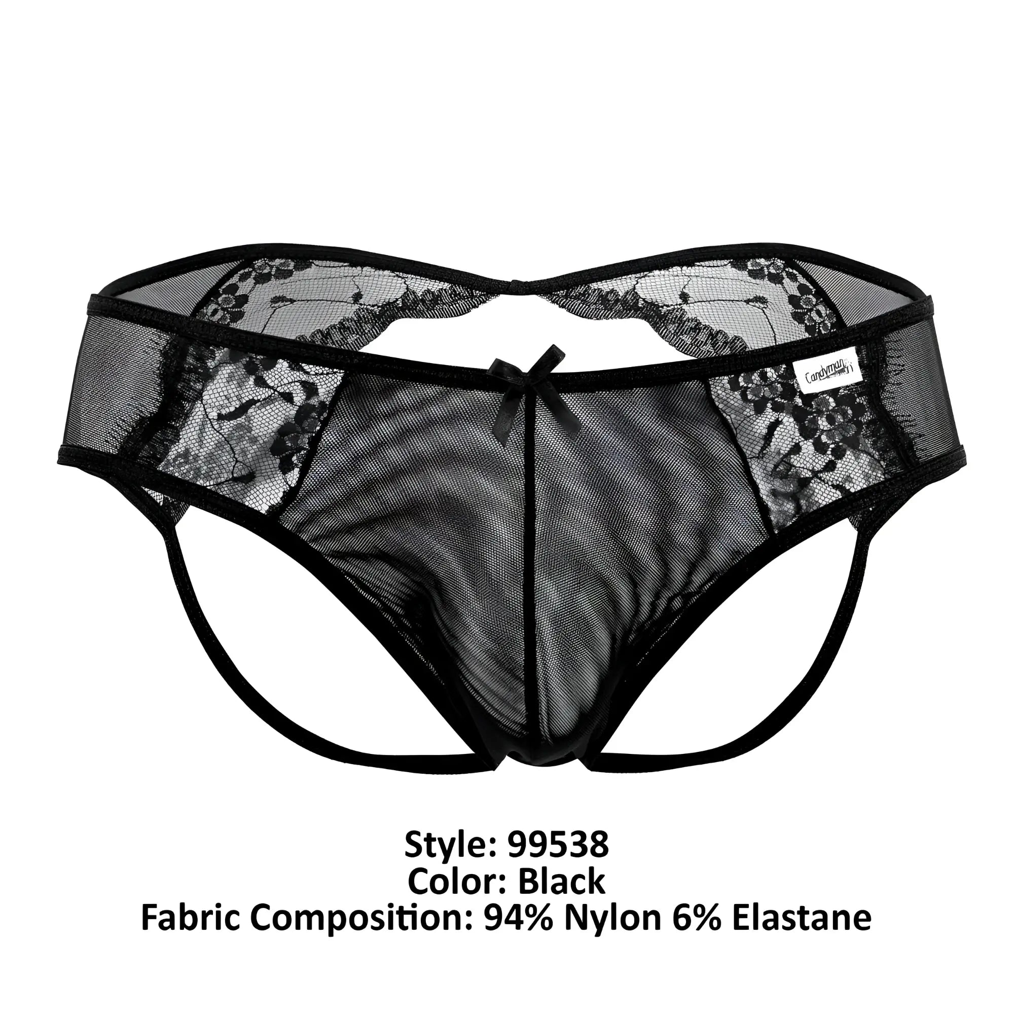 Black lace trimmed mesh thong with central bow detail from candyman 99538 lace jockstrap in black