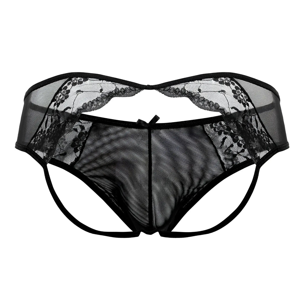 CandyMan 99538 black lace jockstrap thong with mesh fabric and central bow detail shown from the back