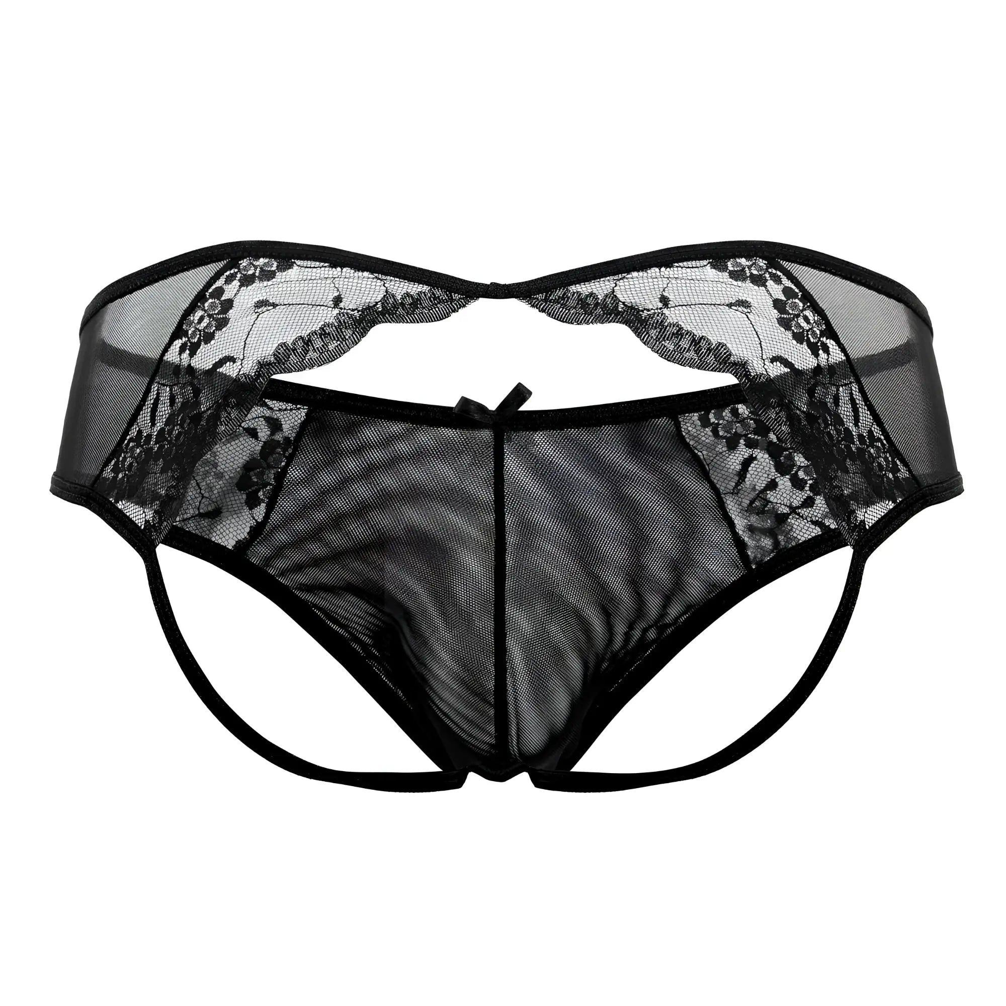 CandyMan 99538 black lace jockstrap thong with mesh fabric and central bow detail shown from the back
