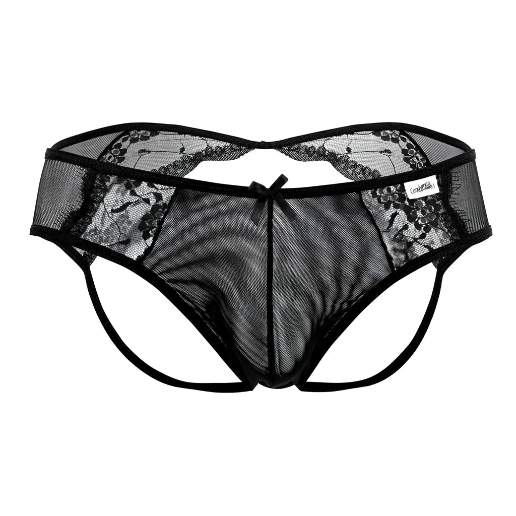 Black lace-trimmed mesh thong with central bow and brand tag candy man 99538 lace jockstrap color black