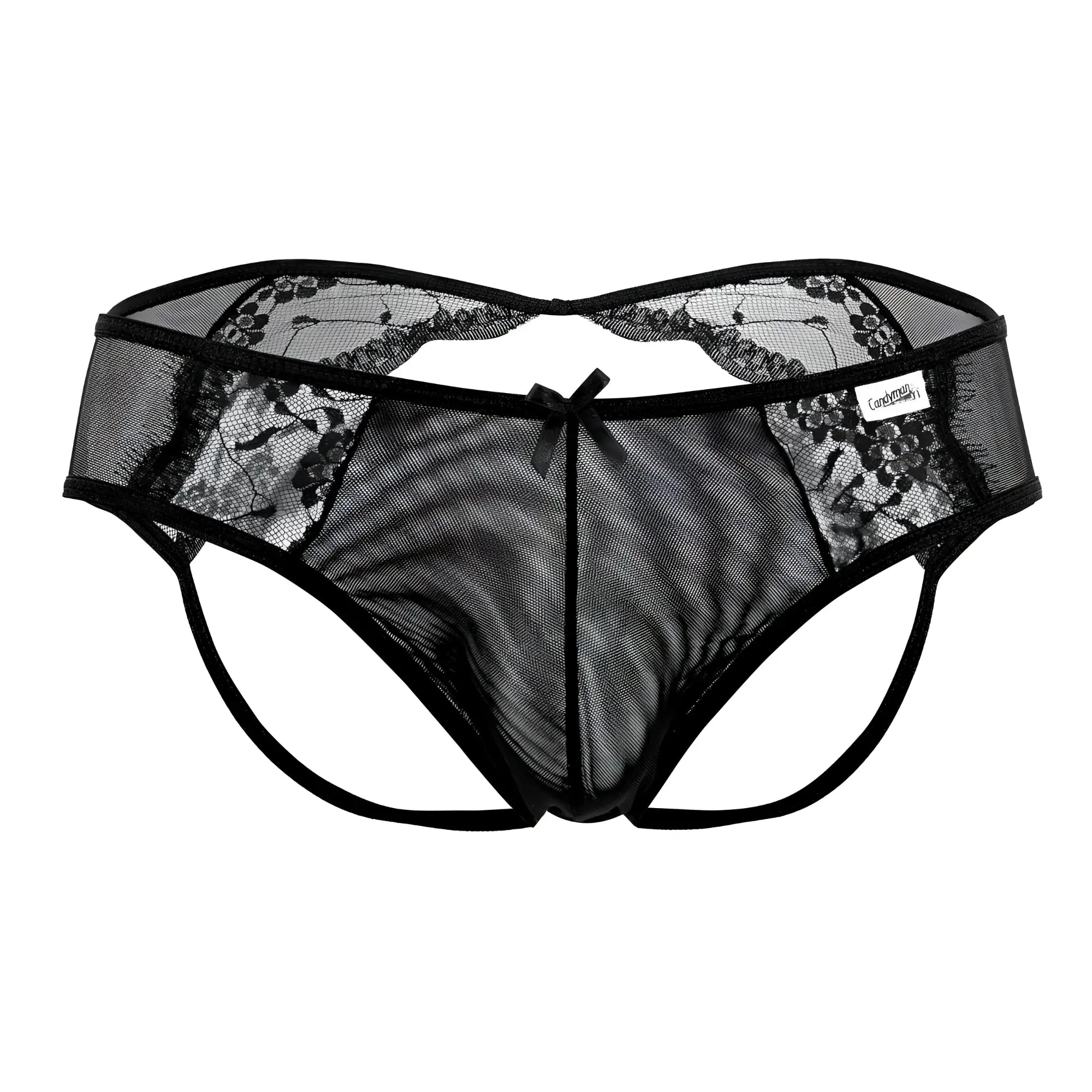Black lace-trimmed mesh thong with central bow and brand tag candy man 99538 lace jockstrap color black