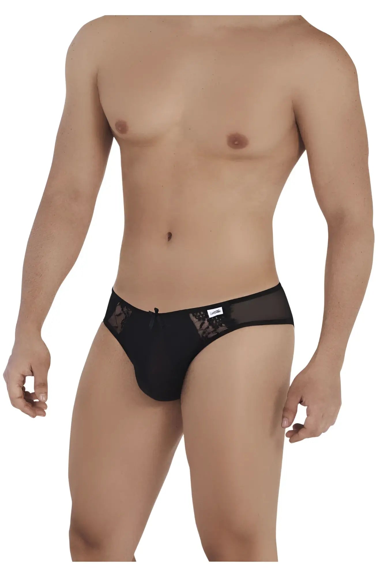 Black lace-trimmed briefs with sheer mesh panel and small brand tag from candyman 99538 lace jockstrap in black