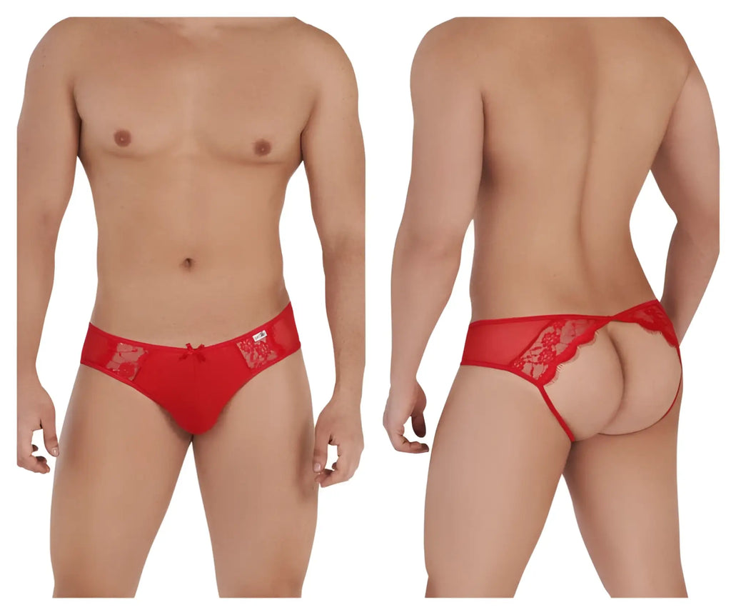 Candyman 99538 red lace jockstrap featuring a red lace thong with a small bow and intricate floral patterns