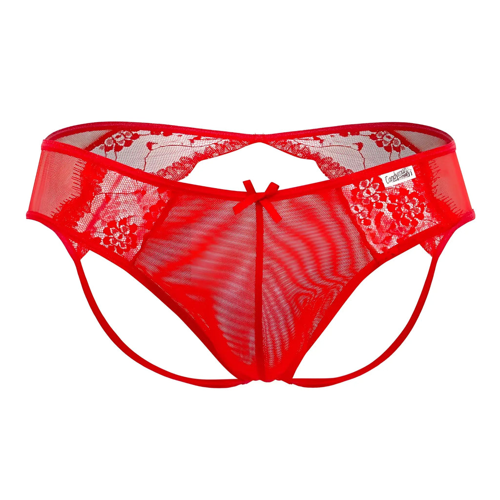CandyMan 99538 lace jockstrap in red featuring a floral lace thong design with a small bow at the center