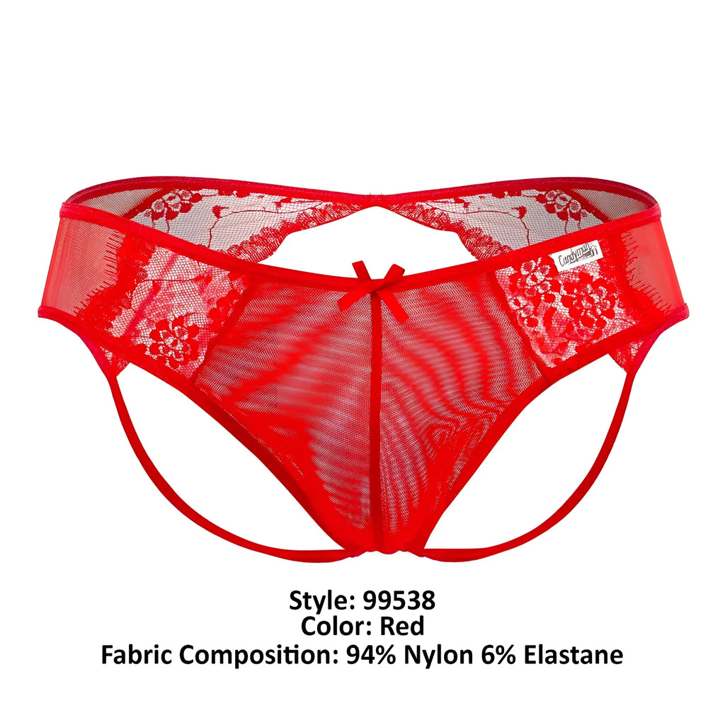 Candyman 99538 lace jockstrap red lace thong with floral patterns and a small bow at the center