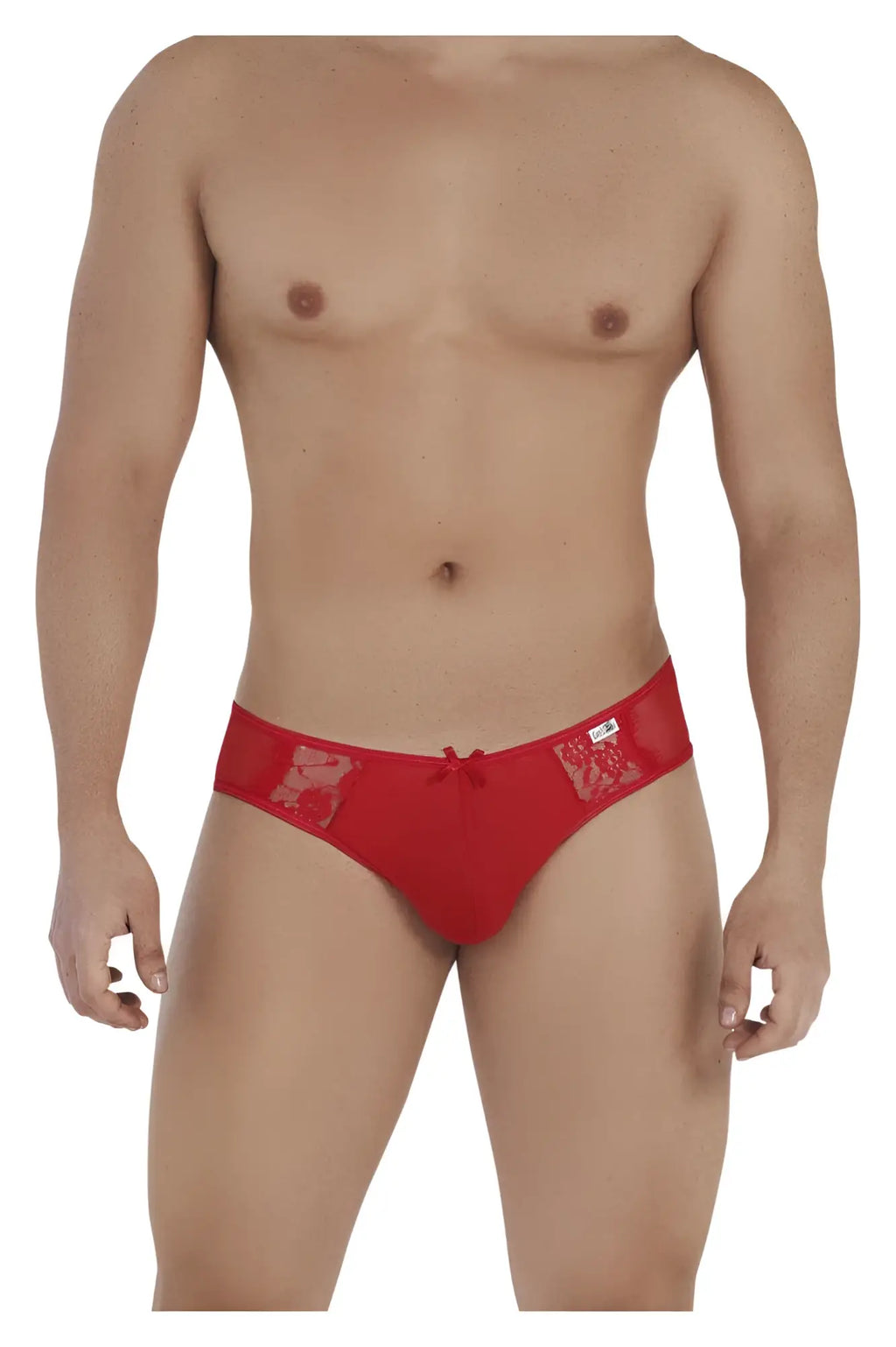 Candyman 99538 lace jockstrap in red featuring red lace-trimmed briefs with a small bow at the front