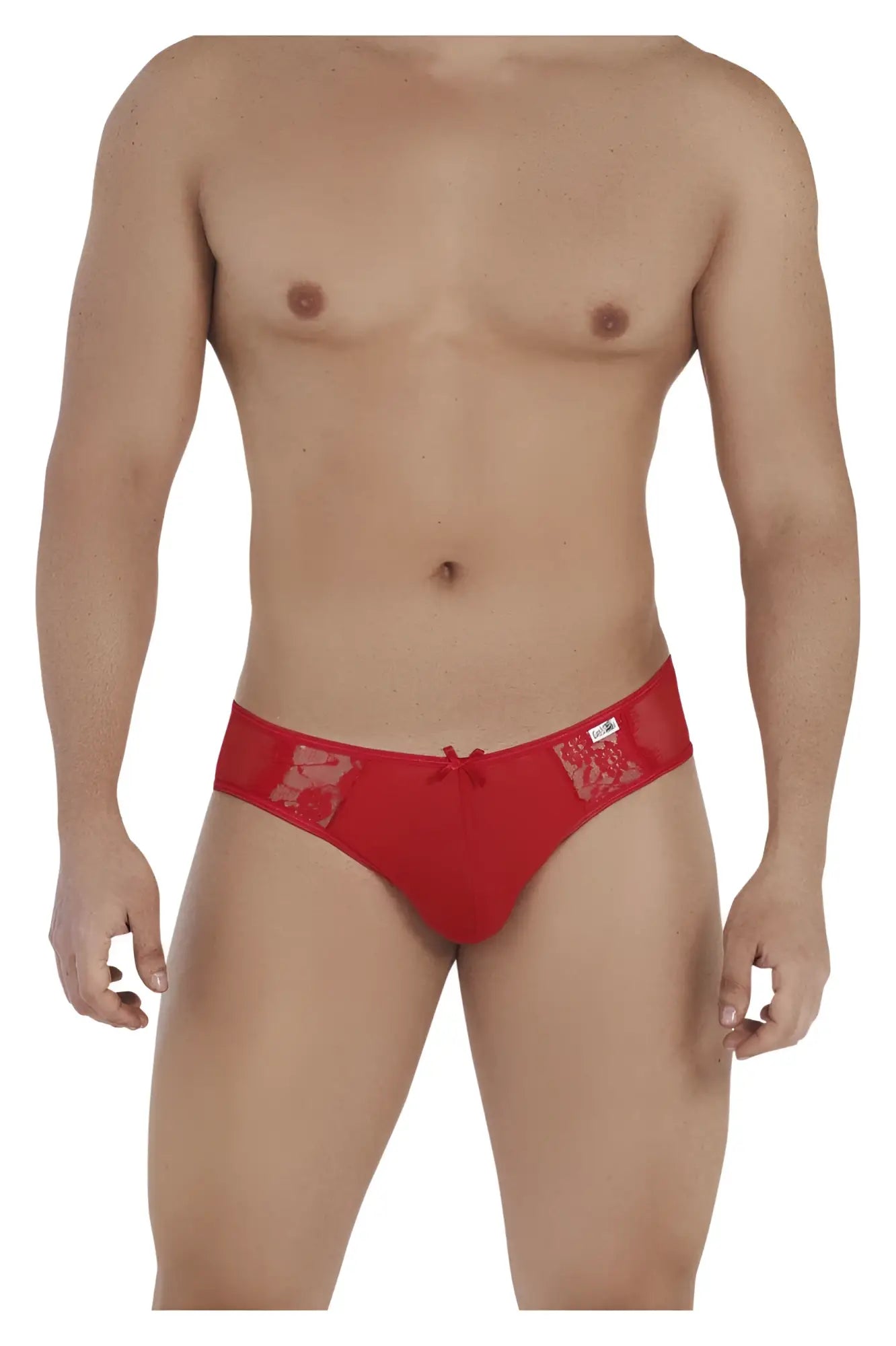 Candyman 99538 lace jockstrap in red featuring red lace-trimmed briefs with a small bow at the front