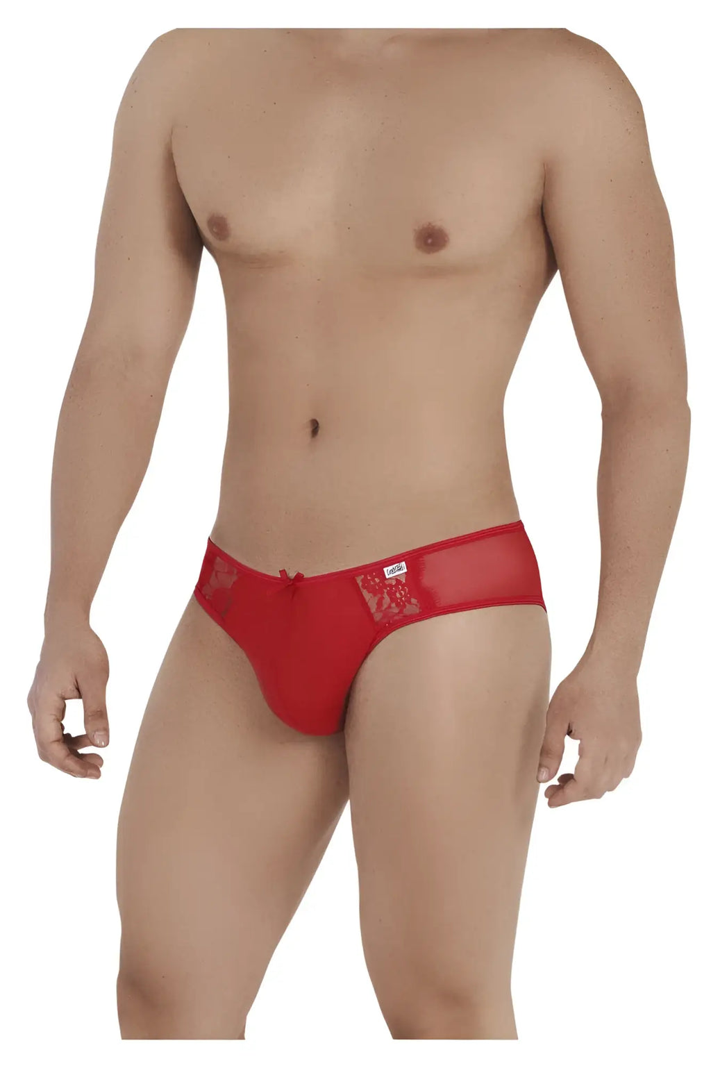 Red candy man 99538 lace jockstrap briefs with sheer mesh panel and decorative embroidery