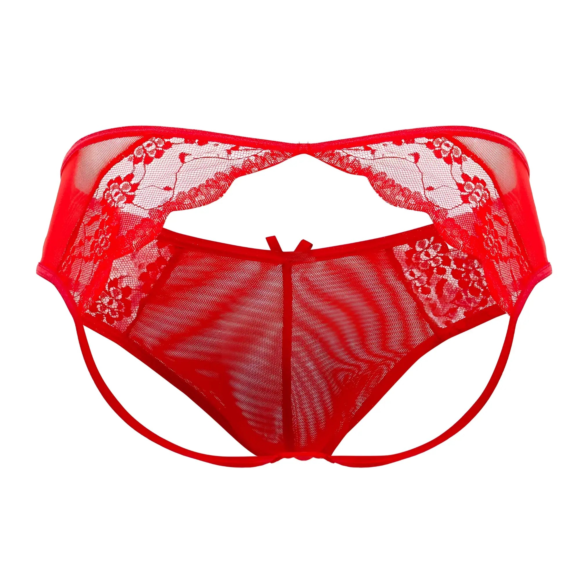 Candyman 99538 lace jockstrap in red featuring a red lace-trimmed mesh thong with floral patterns and a central bow