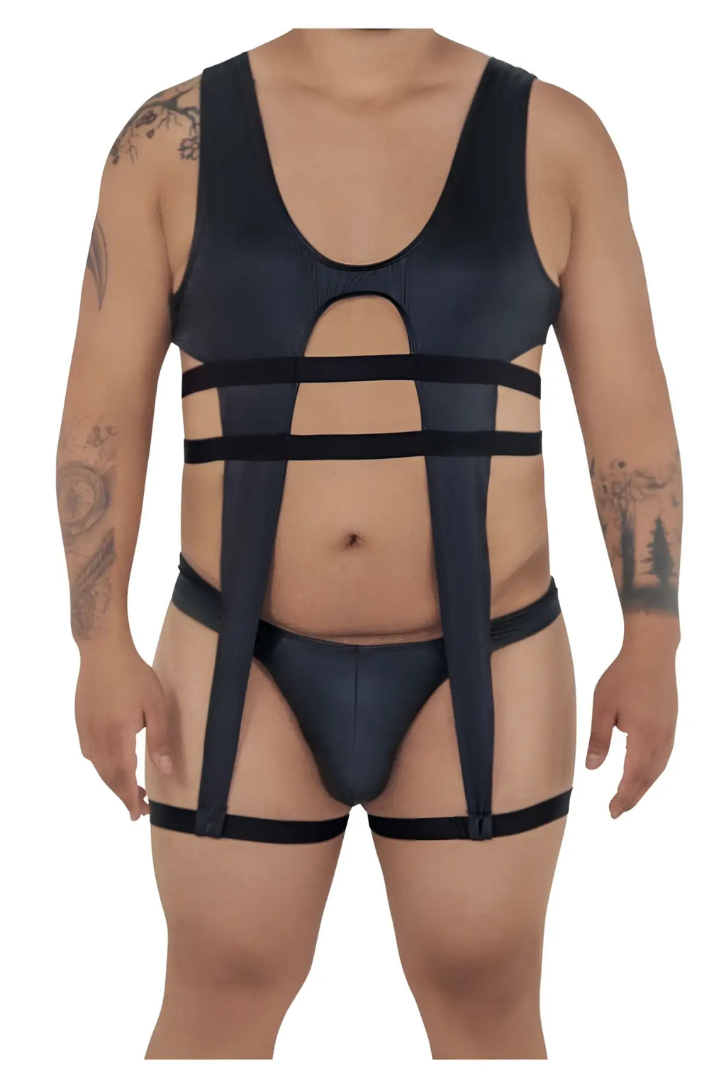 Black satin-like gladiator bodysuit with adjustable straps and matching thong by candyman model 99541x