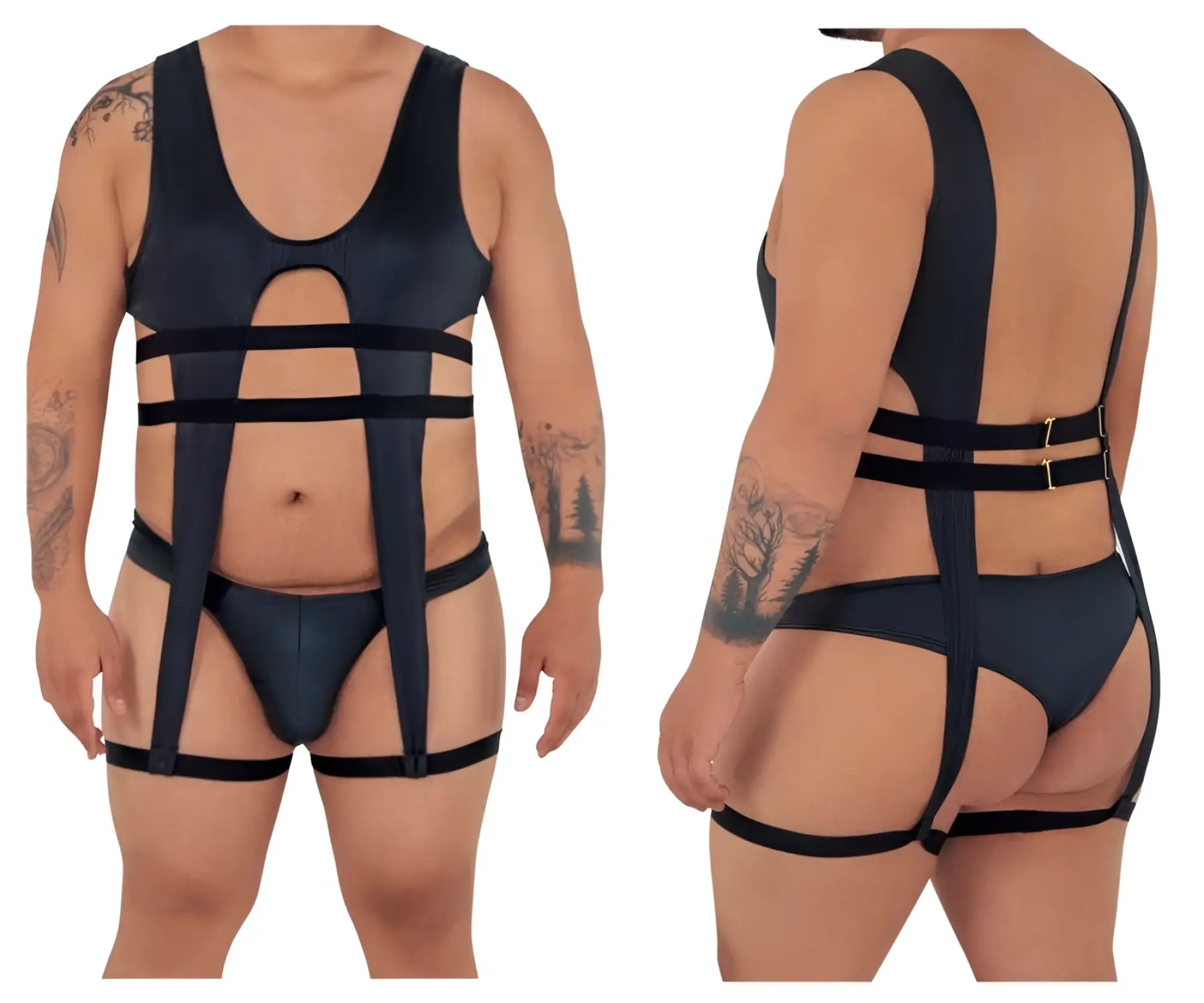 Black satin-like candyMan 99541X gladiator harness bodysuit with adjustable straps and back buckle shown from the back