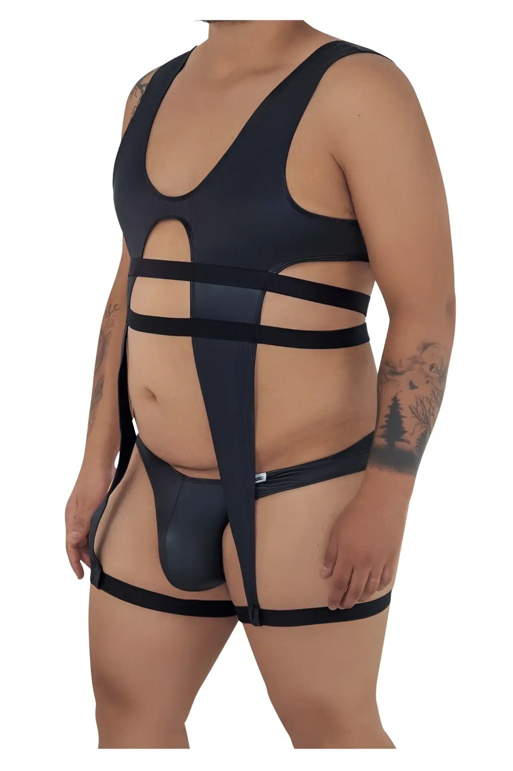 Black candyMan 99541X gladiator bodysuit featuring a glossy finish and strappy harness-style cut-out design