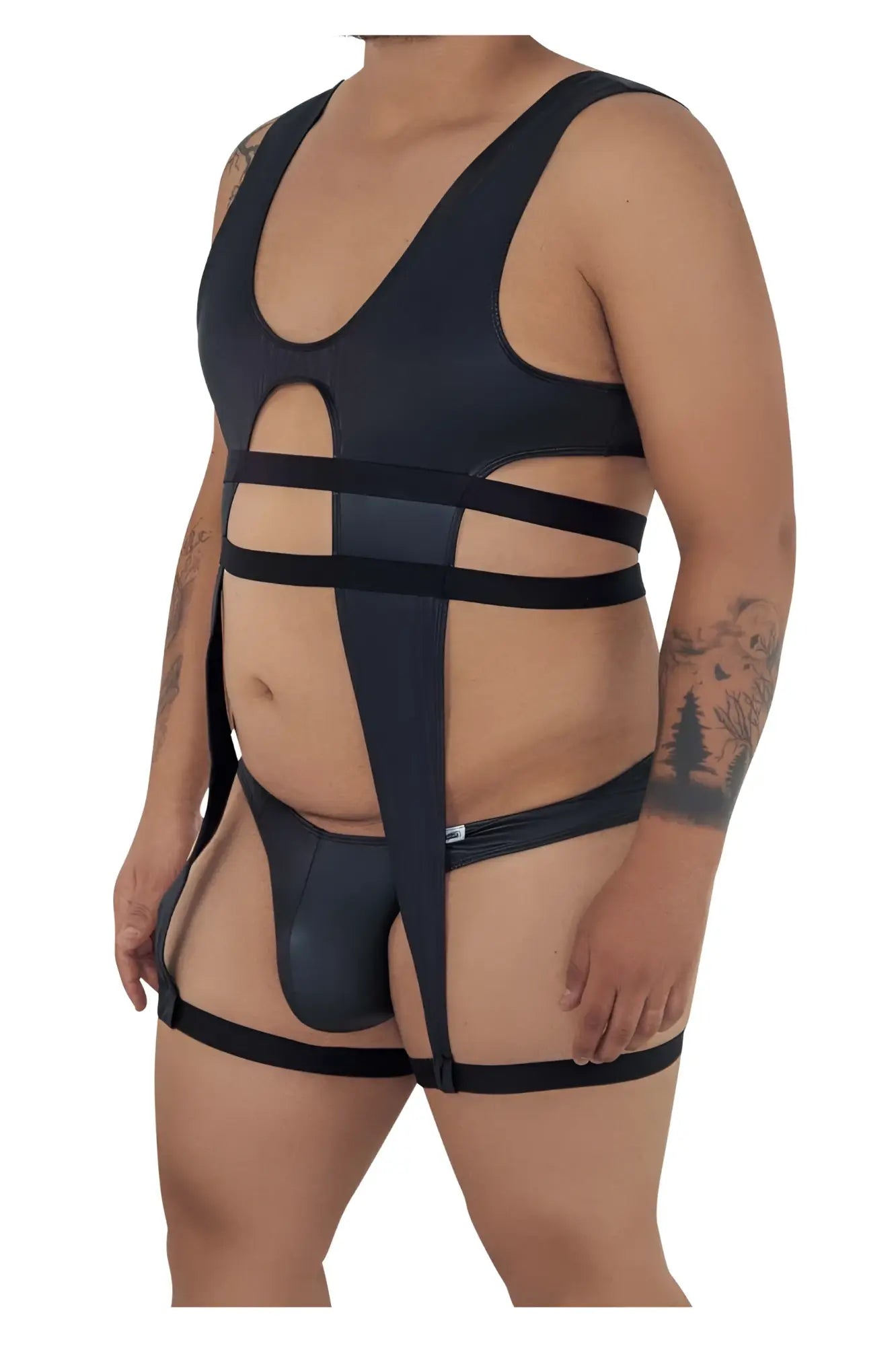 Black candyMan 99541X gladiator bodysuit featuring a glossy finish and strappy harness-style cut-out design