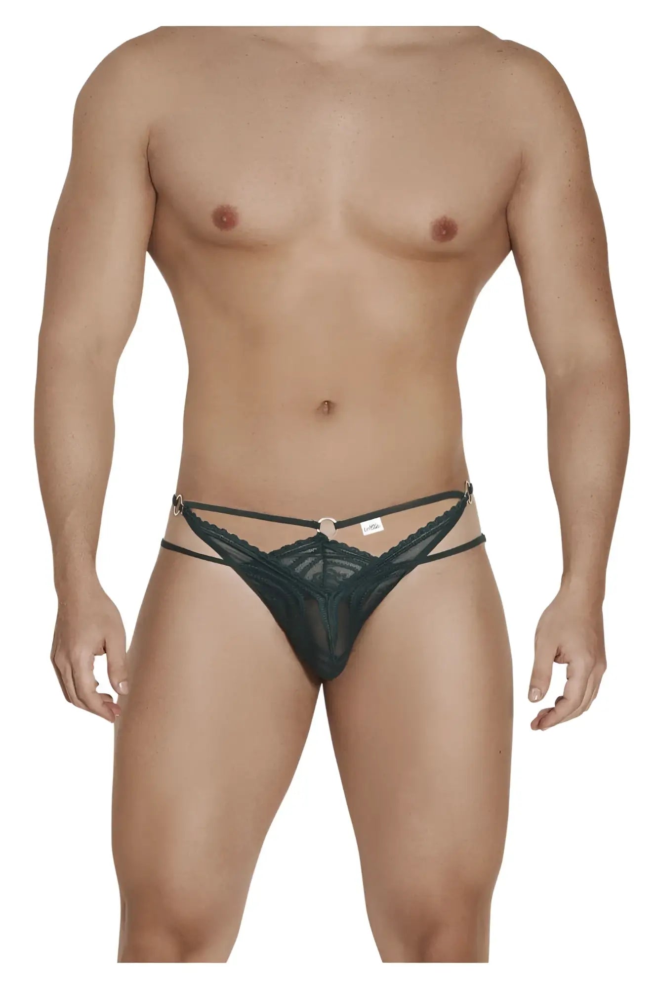 Black lace thong candyMan 99547 with central circular clasp and decorative straps in hunter green color