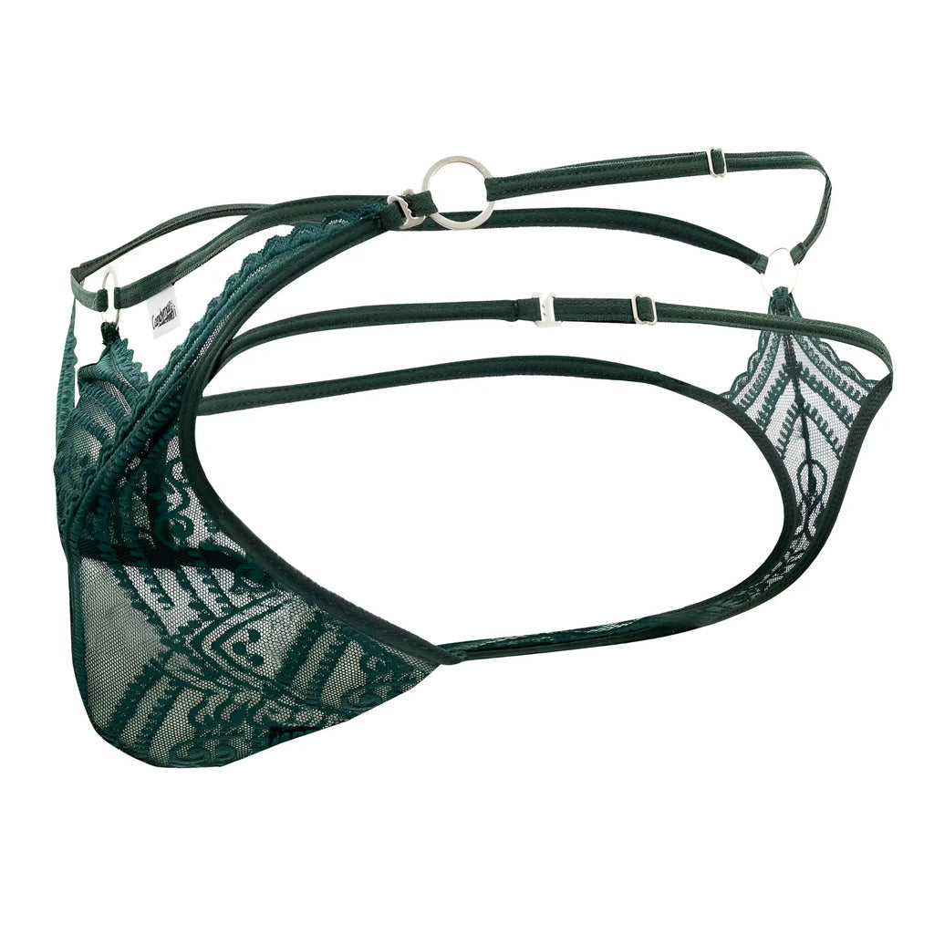Dark green lace lingerie with intricate patterns and adjustable straps from candyman 99547 double thongs hunter green collection
