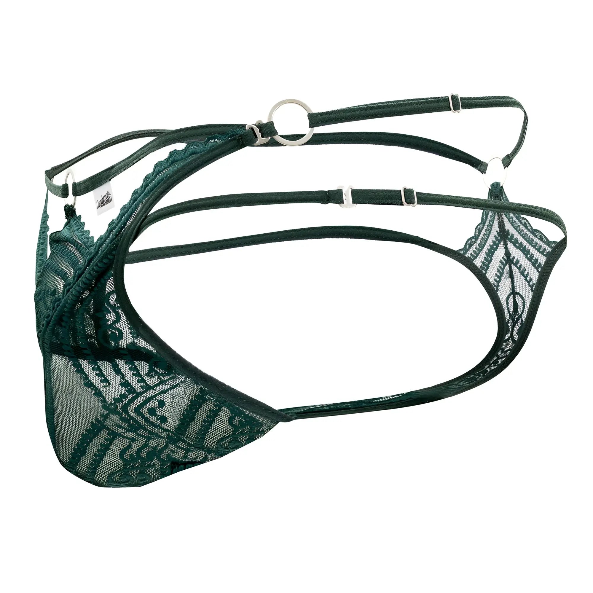 Dark green lace lingerie with intricate patterns and adjustable straps from candyman 99547 double thongs hunter green collection