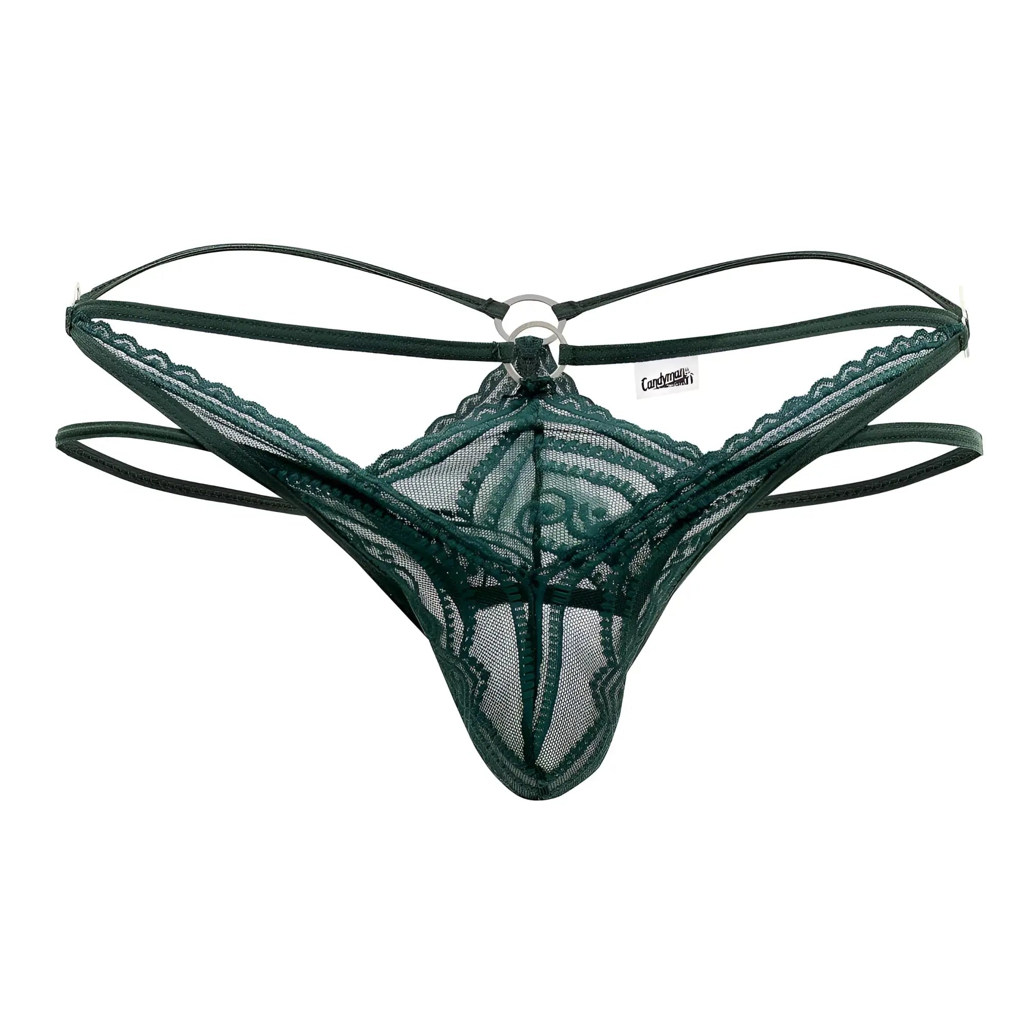 Dark green lace thong with central ring and adjustable straps from candyman 99547 double thongs hunter green
