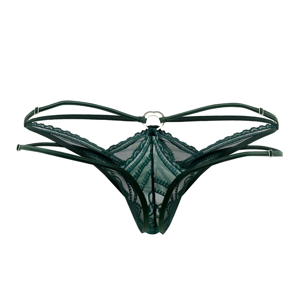 CandyMan 99547 double thongs dark green lace thong with central metal ring and adjustable straps front view