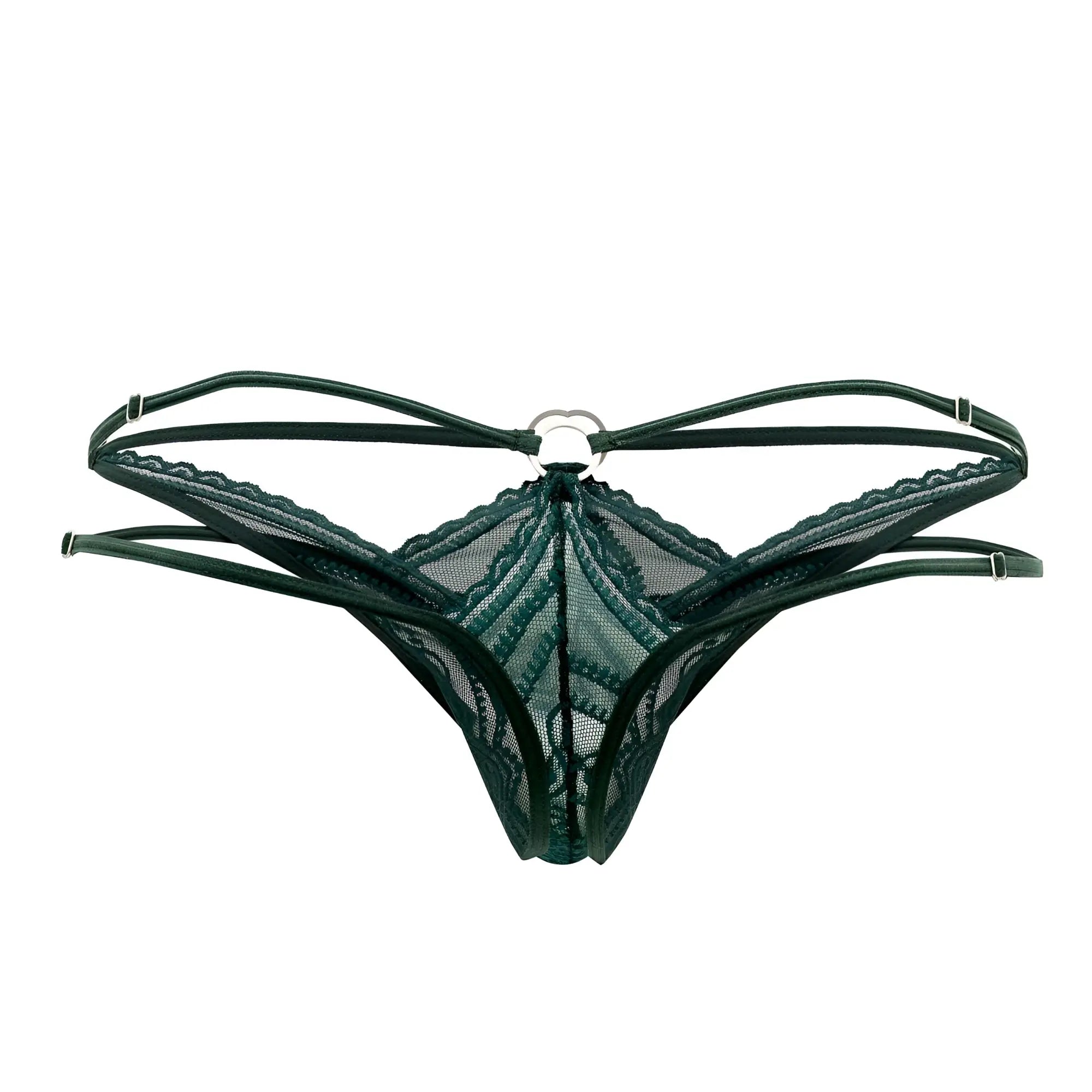 CandyMan 99547 double thongs dark green lace thong with central metal ring and adjustable straps front view