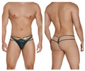 Dark green lace thong double thongs color hunter green with multiple straps and central metallic clasp front view