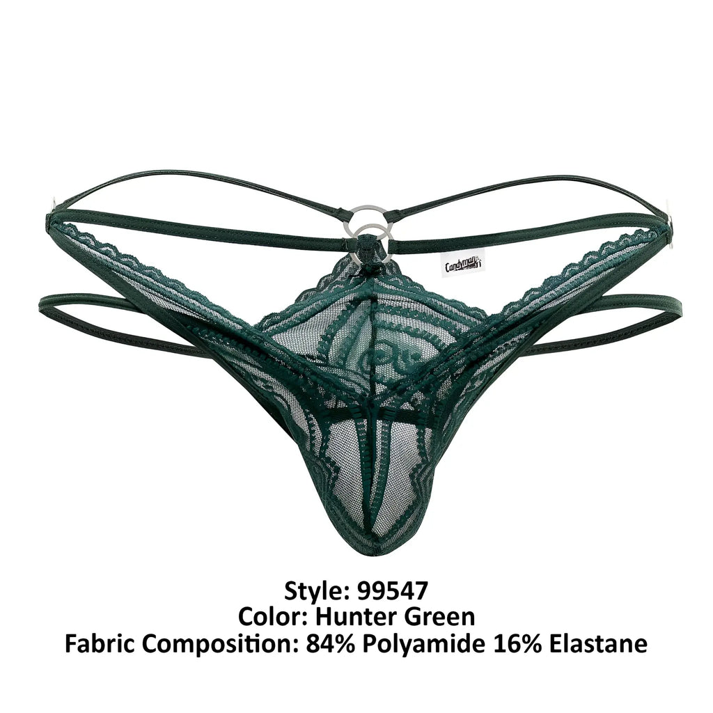 CandyMan 99547 hunter green lace thong with mesh design and thin elastic straps shown from the back side