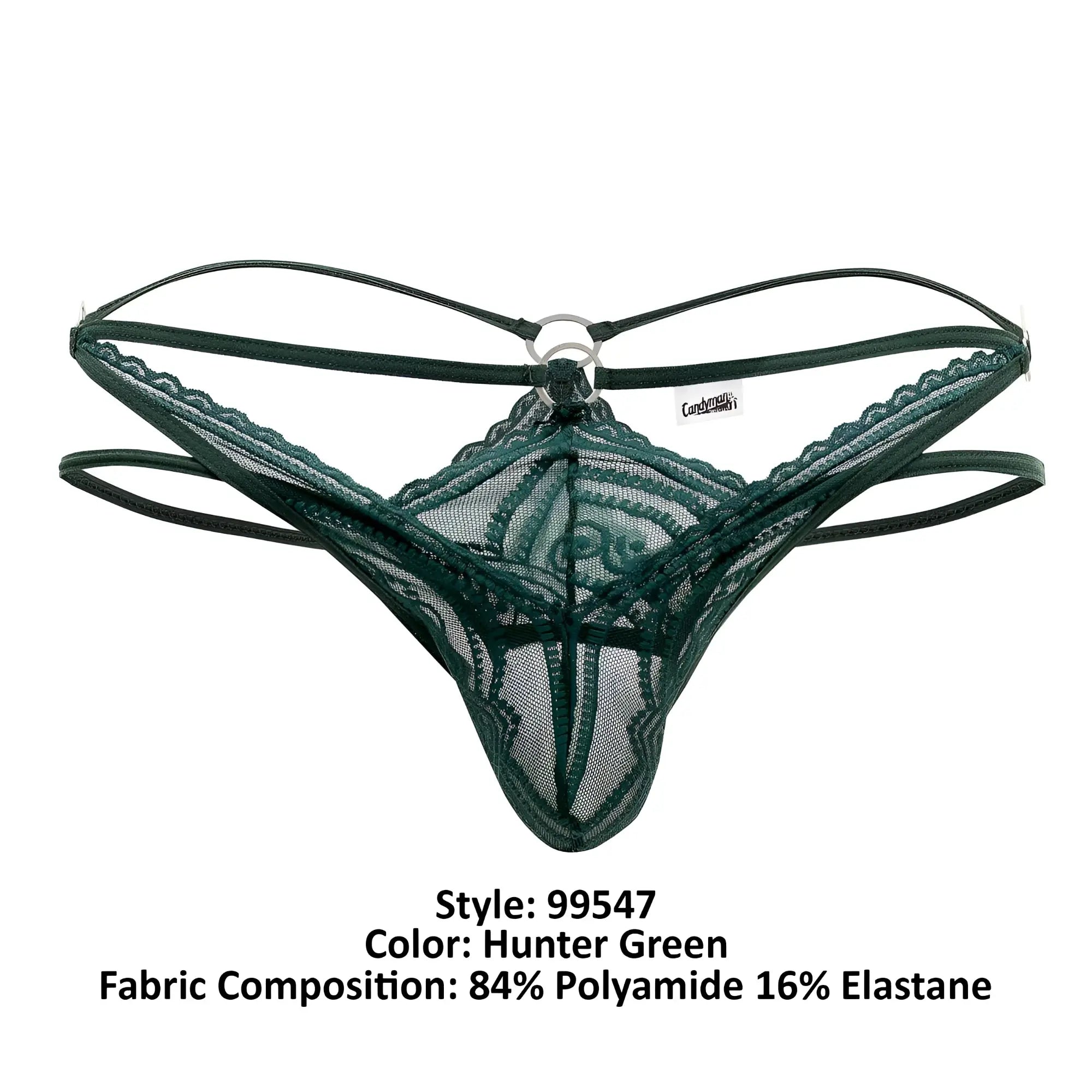 CandyMan 99547 hunter green lace thong with mesh design and thin elastic straps shown from the back side