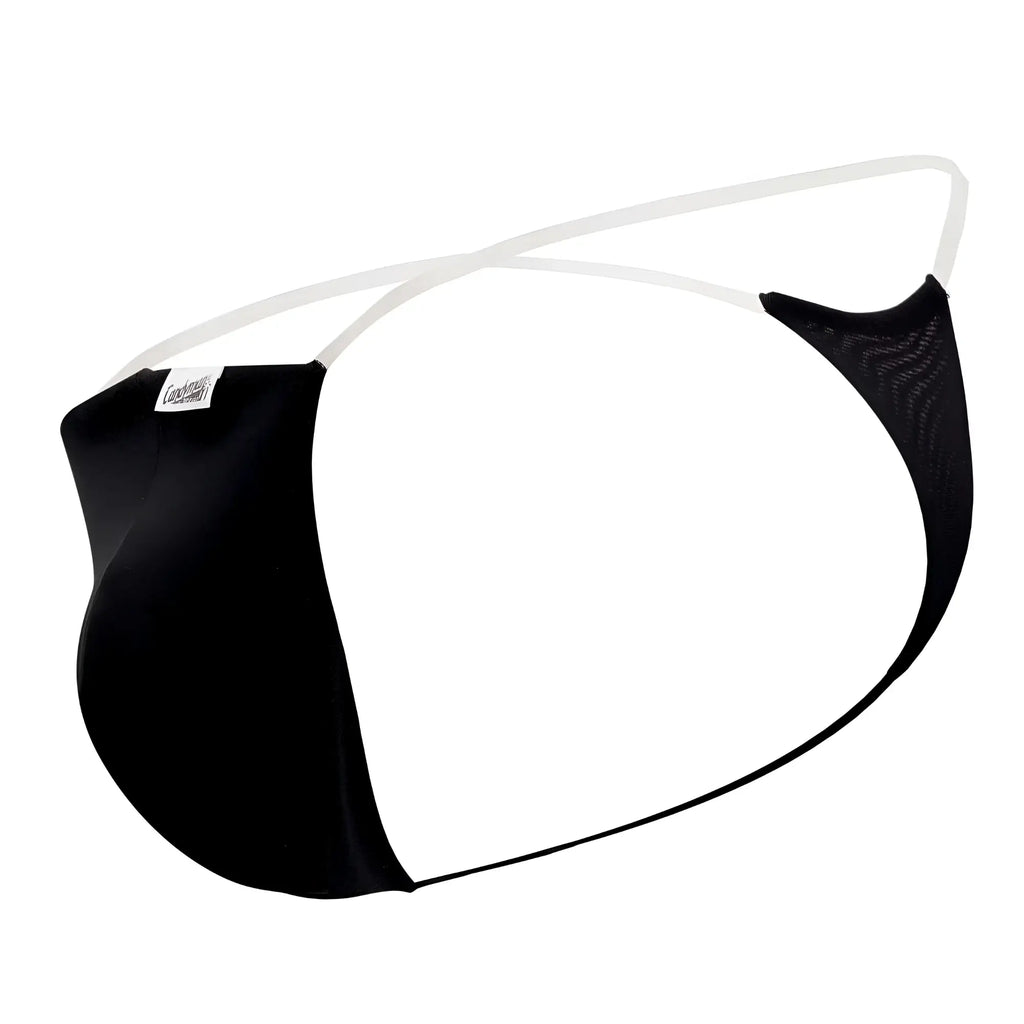 CandyMan 99548 invisible micro thong in black mesh and satin with white elastic straps for men visible from front