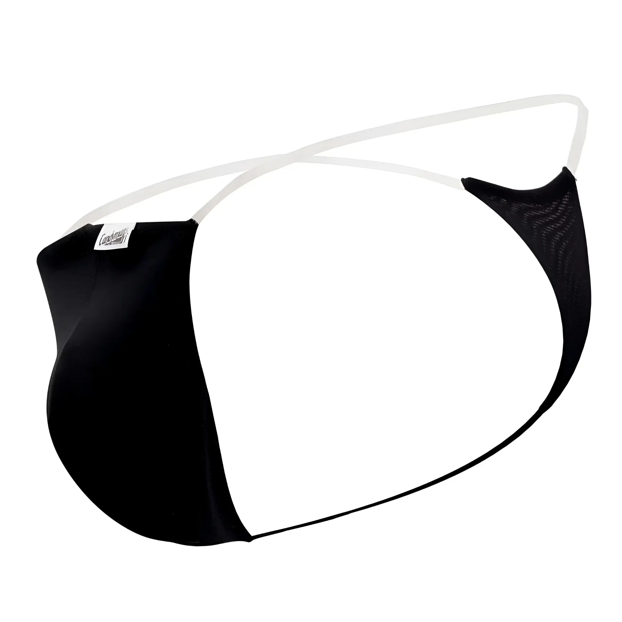 CandyMan 99548 invisible micro thong in black mesh and satin with white elastic straps for men visible from front