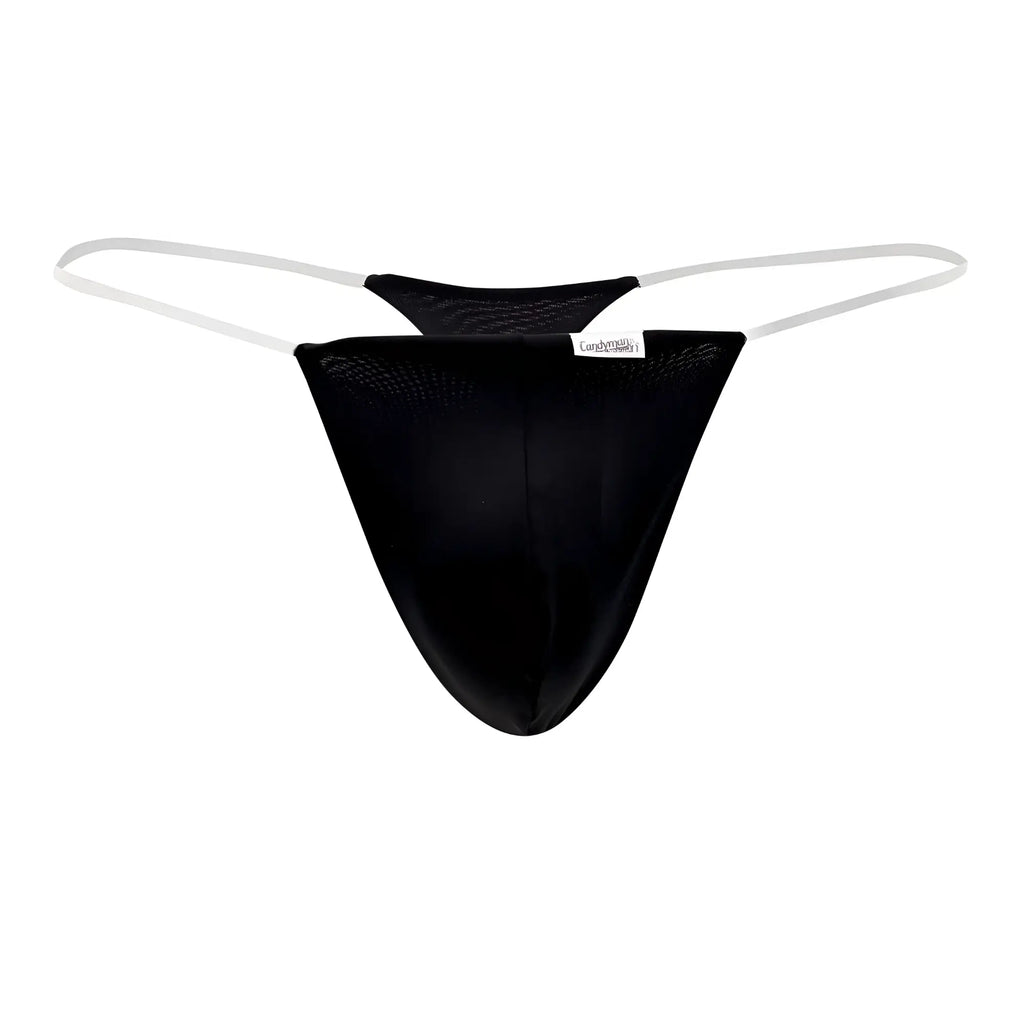 CandyMan 99548 invisible micro thong in black mesh with white elastic straps and small brand tag front view