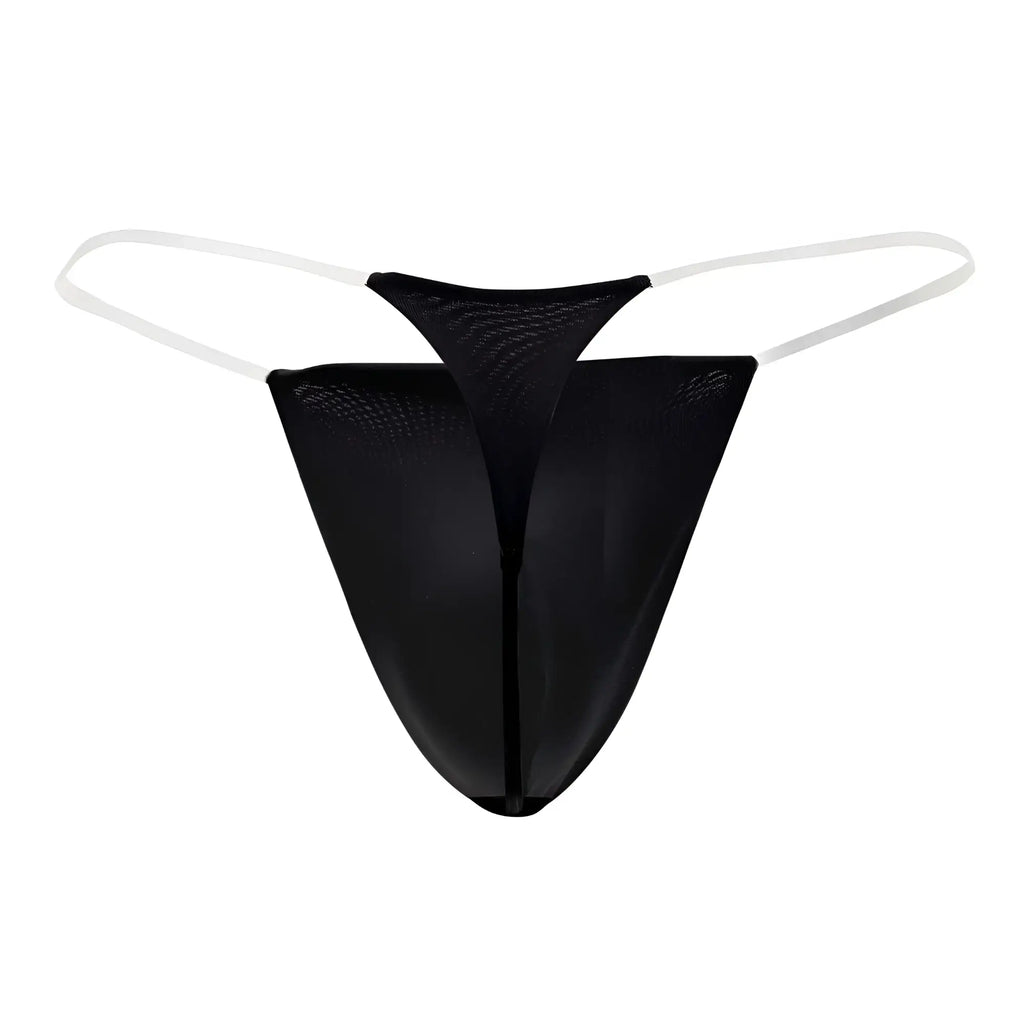 Black mesh thong with white elastic straps candy man 99548 invisible micro thong front view