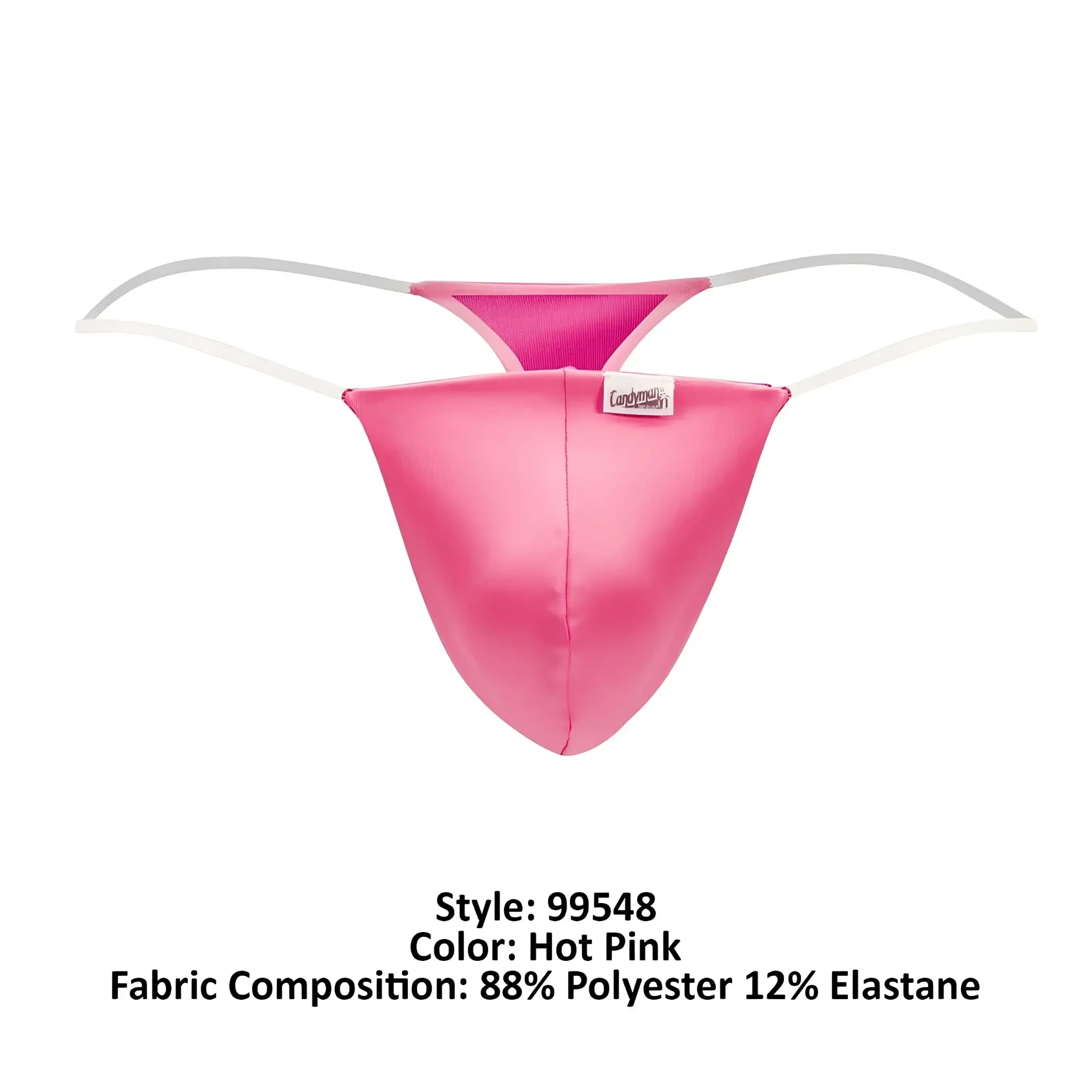 CandyMan 99548 hot pink shiny polyester elastane thong with white elastic straps shown from the back side
